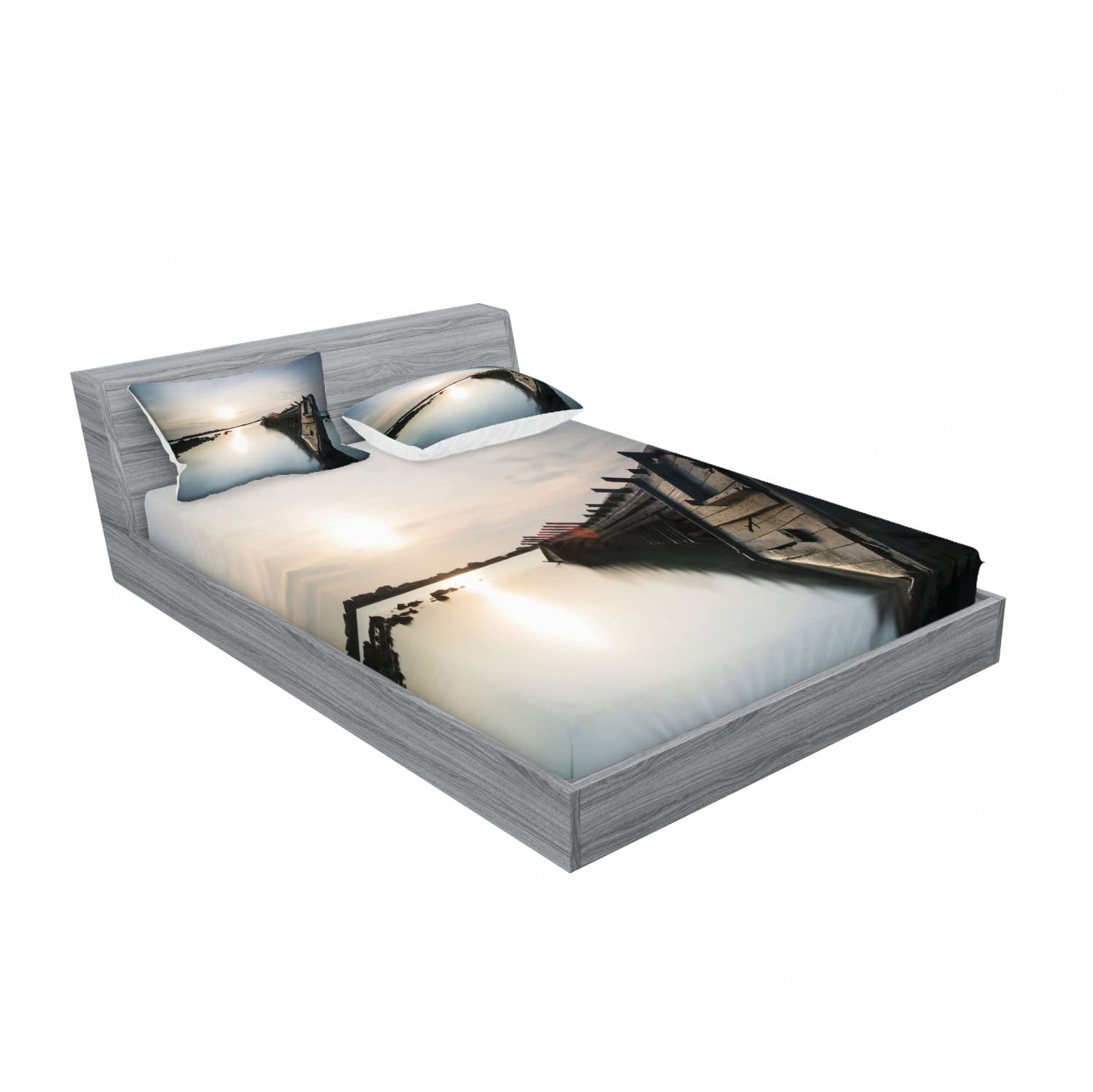Ambesonne 2-Pack Nautical Fitted Sheet & Pillow Sham Set - Sinking Boat Sunset Design - 4-Piece Bedding Decor (2 Twin XL Fitted Sheets & 4 Pillow Covers) in Pale Blue & Brown - Perfect for Coastal Themed Bedrooms, Guest Rooms, and Vacation Homes