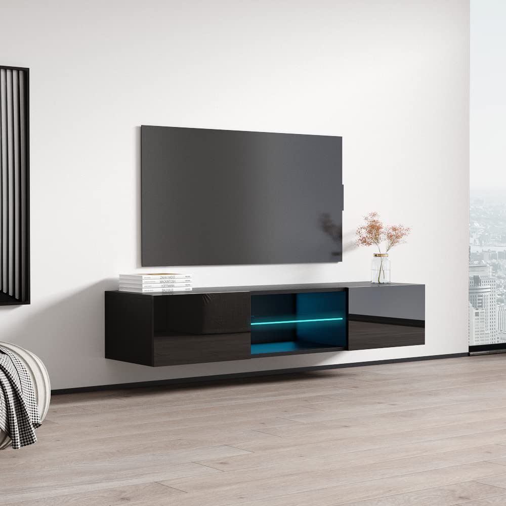 Modern Floating TV Stand with Storage & LED Lights - High Gloss Rectangular Media Console for TVs Up to 70
