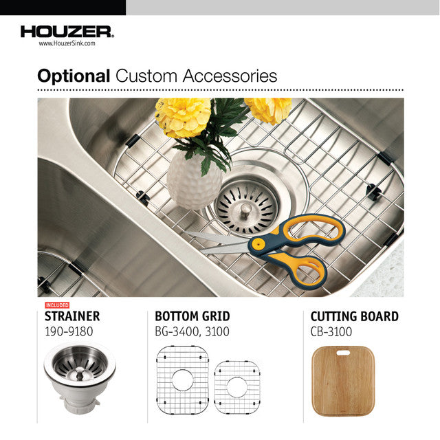 Houzer Medallion Classic Series 32-Inch Stainless Steel Undermount 60/40 Double Bowl Kitchen Sink - Perfect for Modern Homes & Restaurant Prep Stations