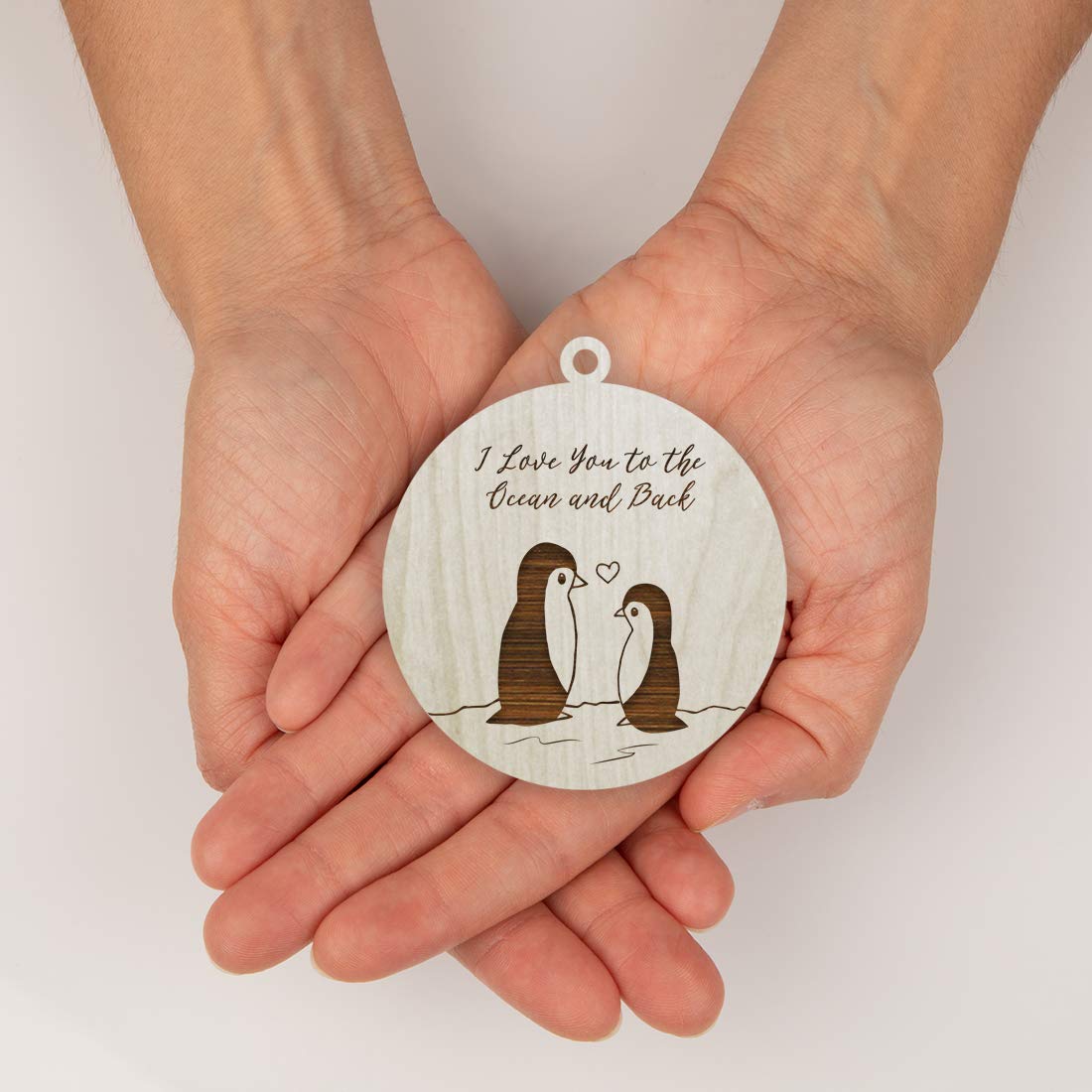 Personalized Engraved Natural Wood Keepsake Ornament - Monogram Christmas Valentine's Day Gift for Couples, 'I Love You to The Ocean and Back' Penguins Design, 1-Pack - Perfect for Wedding Anniversaries, Christmas Tree Decor & Romantic Home Décor
