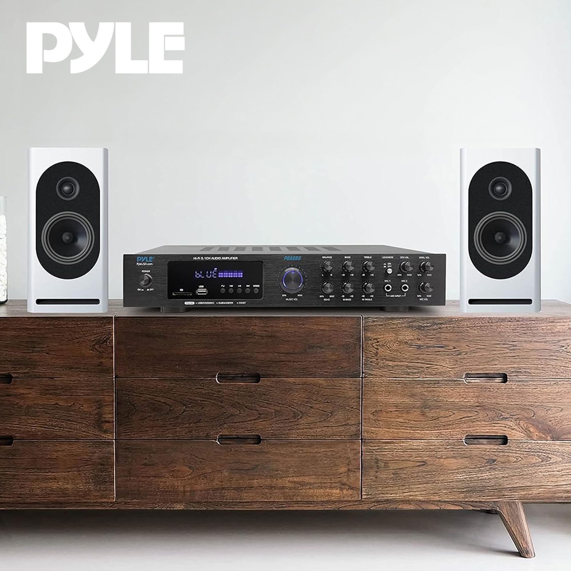 Pyle Wireless Bluetooth Audio Amplifier - 5 Channel Home Stereo Sound System with MP3/USB/SD/AUX/FM Radio - 1/4