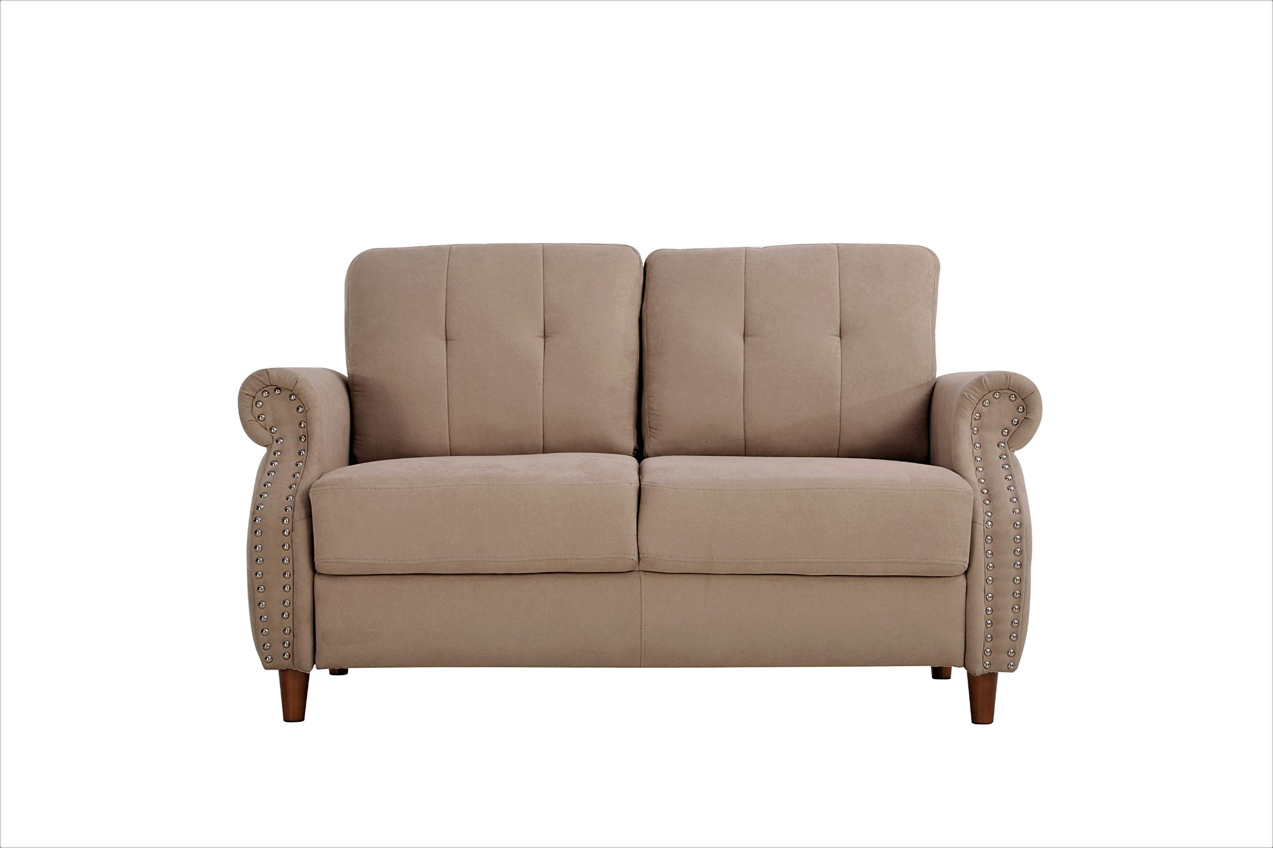 Briscoe Ultra Modern Upholstered Button Tufted Loveseat with Rolled Arms - Coffee Brown Sofa for Living Room | Perfect for Small Spaces, Apartments & Cozy Home Decor