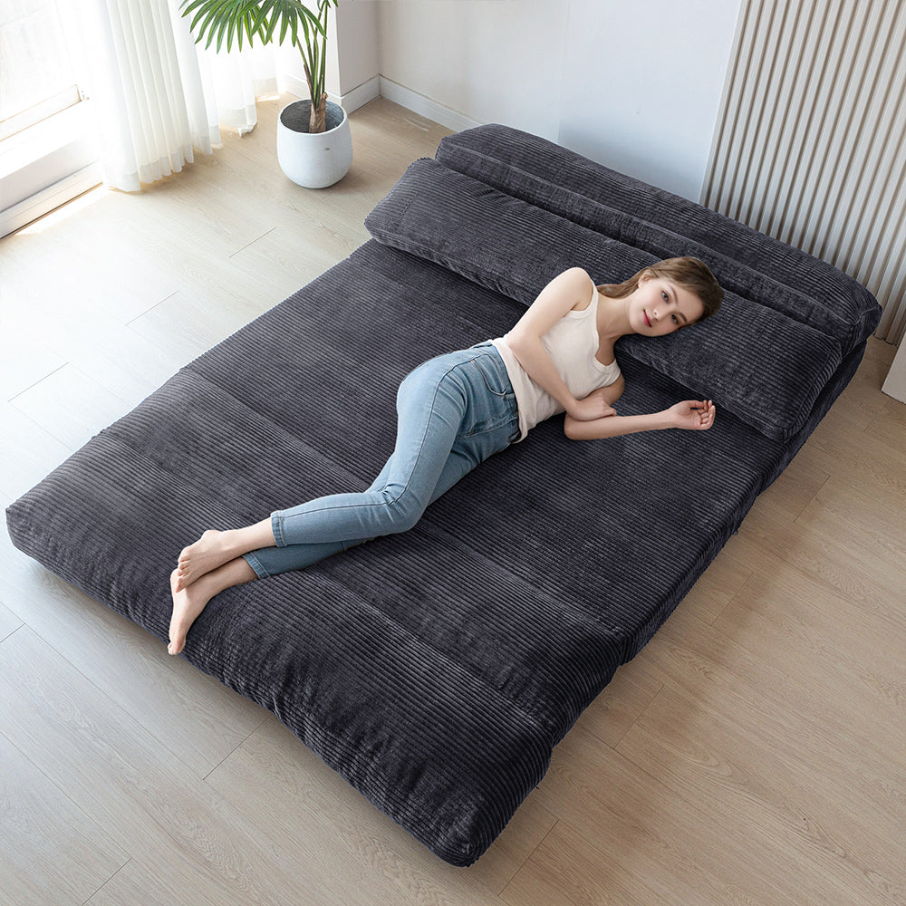 MAXYOYO Folding Sofa Bed - Extra Wide Corduroy Floor Sofa for Small Spaces, Dark Grey | Convertible Guest Bed & Lounge Chair for Apartments, Dorms & Living Rooms