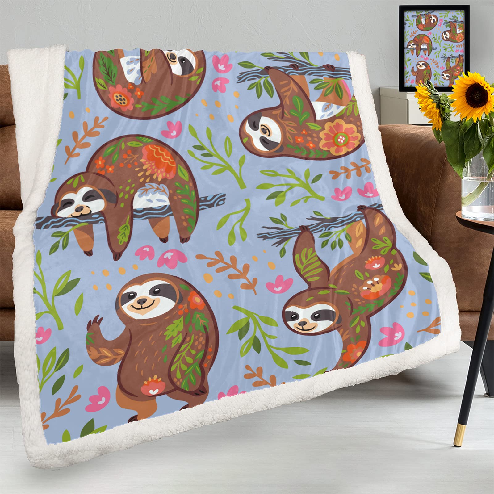Soft Sherpa Sloth Floral Throw Blanket 50x60 Inch - Cozy Fleece Flannel Blanket for Couch, Sofa & Bed - Cute Animal Design for All Seasons | Perfect for Napping, Lounging & Home Decor