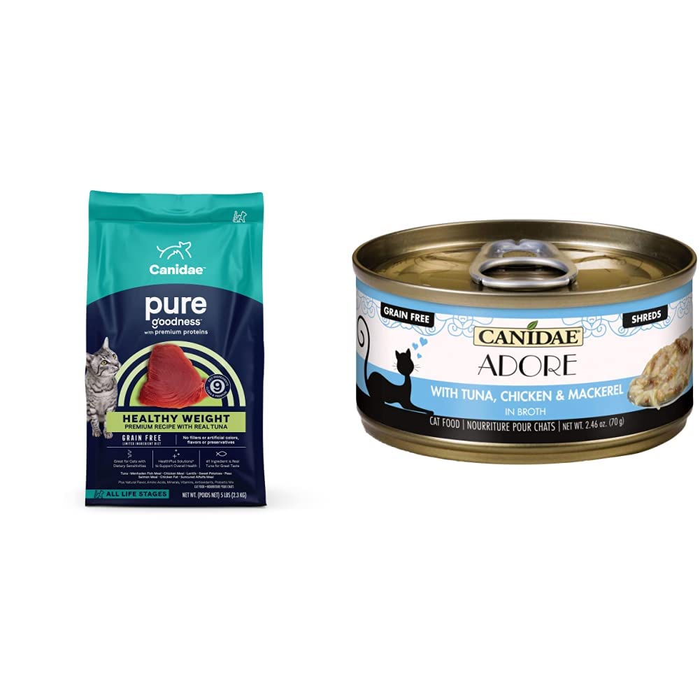 Premium Grain-Free Cat Food Bundle - CANIDAE Healthy Weight Tuna Recipe Dry Food (5lb) + Wet Food Variety Pack (24x2.46oz) with Tuna, Chicken & Mackerel - Perfect for Indoor Cats & Weight Management