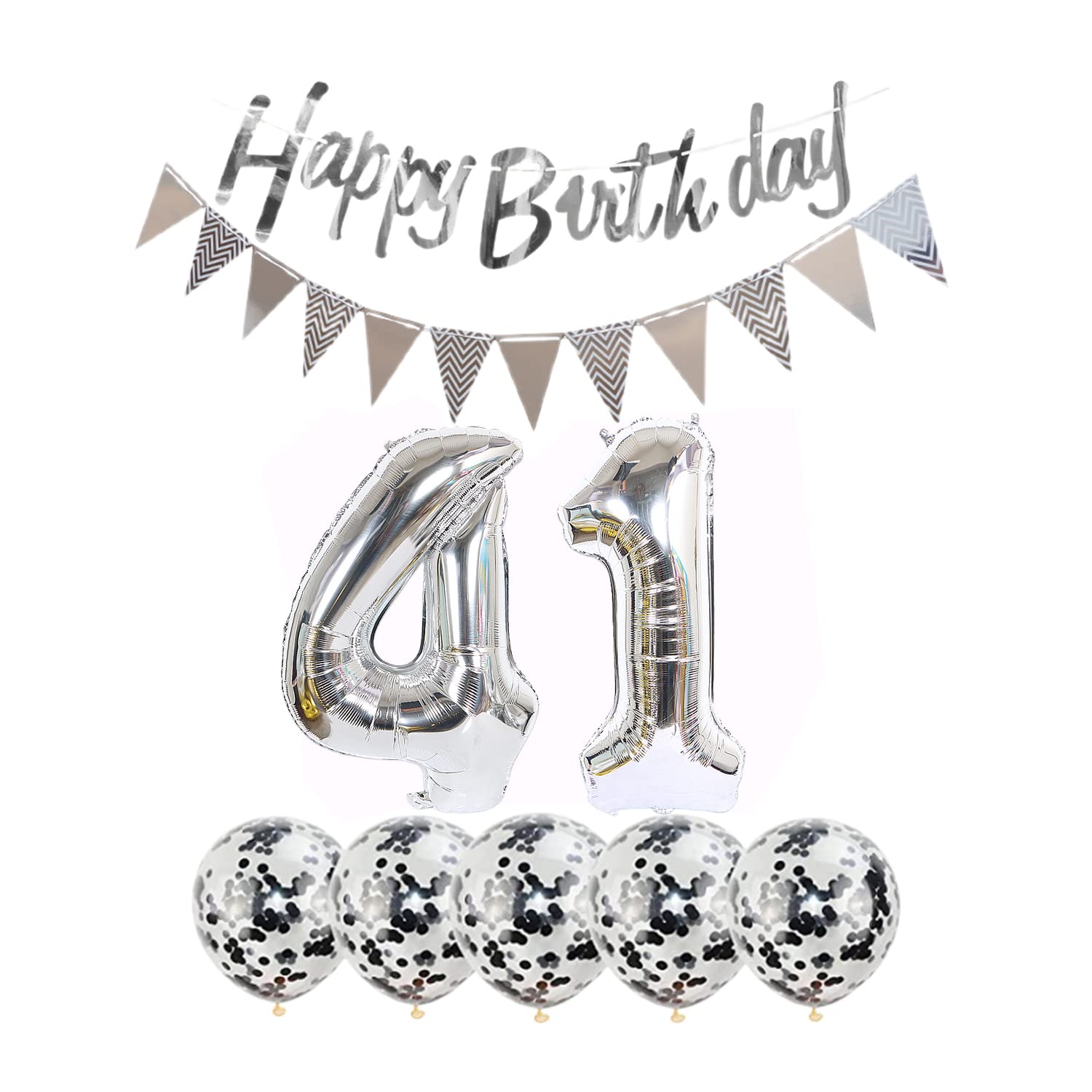41st Birthday Decorations Set - 2 Number 41 Foil Balloons, Happy Birthday Garland, Silver Banner & 5 Confetti Balloons for Boy/Girl | Perfect for 41 Year Old Birthday Parties, Anniversaries & Milestone Celebrations