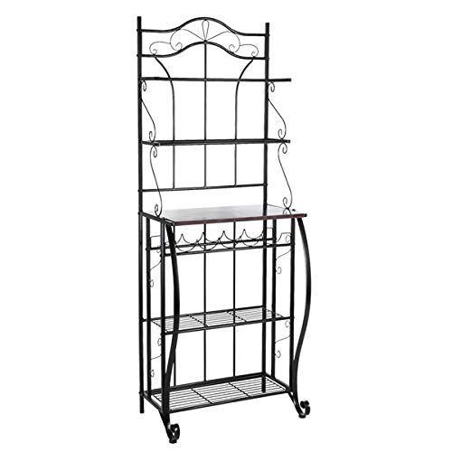5-Tier Metal Kitchen Bakers Rack with Wine Storage - Cappuccino Finish Scroll Design, Black - Perfect for Small Spaces, Pantry Organization & Wine Display in Home, Restaurant or Cafe