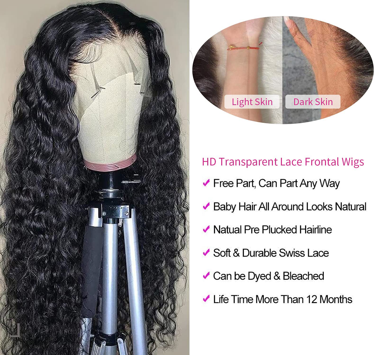 28 Inch Lace Front Human Hair Wig - Deep Wave 180% Density Glueless Natural Curly Black Wig with Medium Cap Size & Full Coverage (Clips/Combs Attachment) for Everyday Wear, Parties, Cosplay & Special Occasions