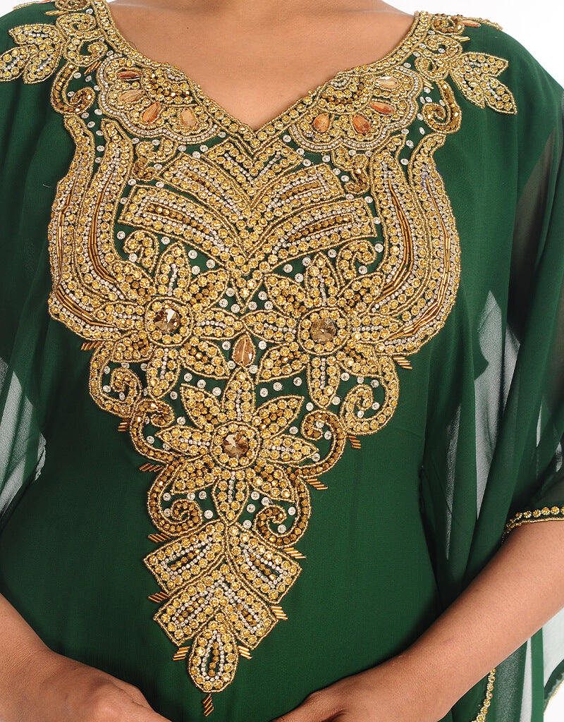 Elegant Arabic Bottle Green Georgette Kaftan with Hand Embroidery - Perfect for Parties, Weddings & Special Occasions