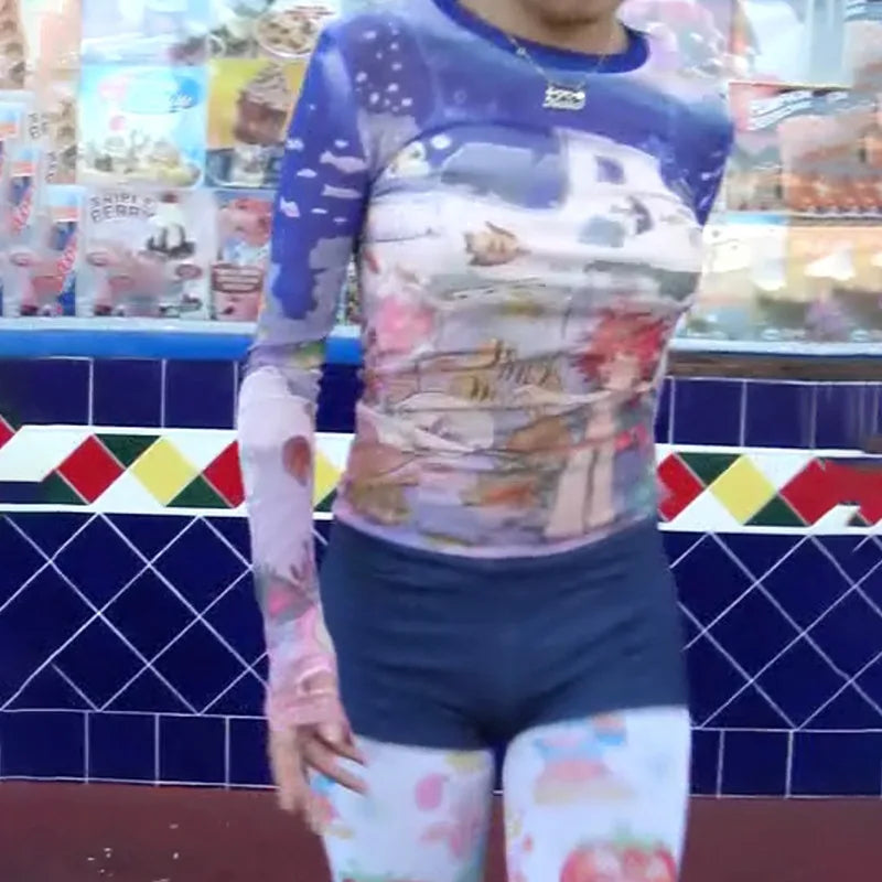 Anime Graphic Print Mesh Sheer Long Sleeve T-Shirt - Y2K Harajuku Style Women's Top for Fall 2024 | Casual Streetwear, Cosplay & Anime Convention Outfit