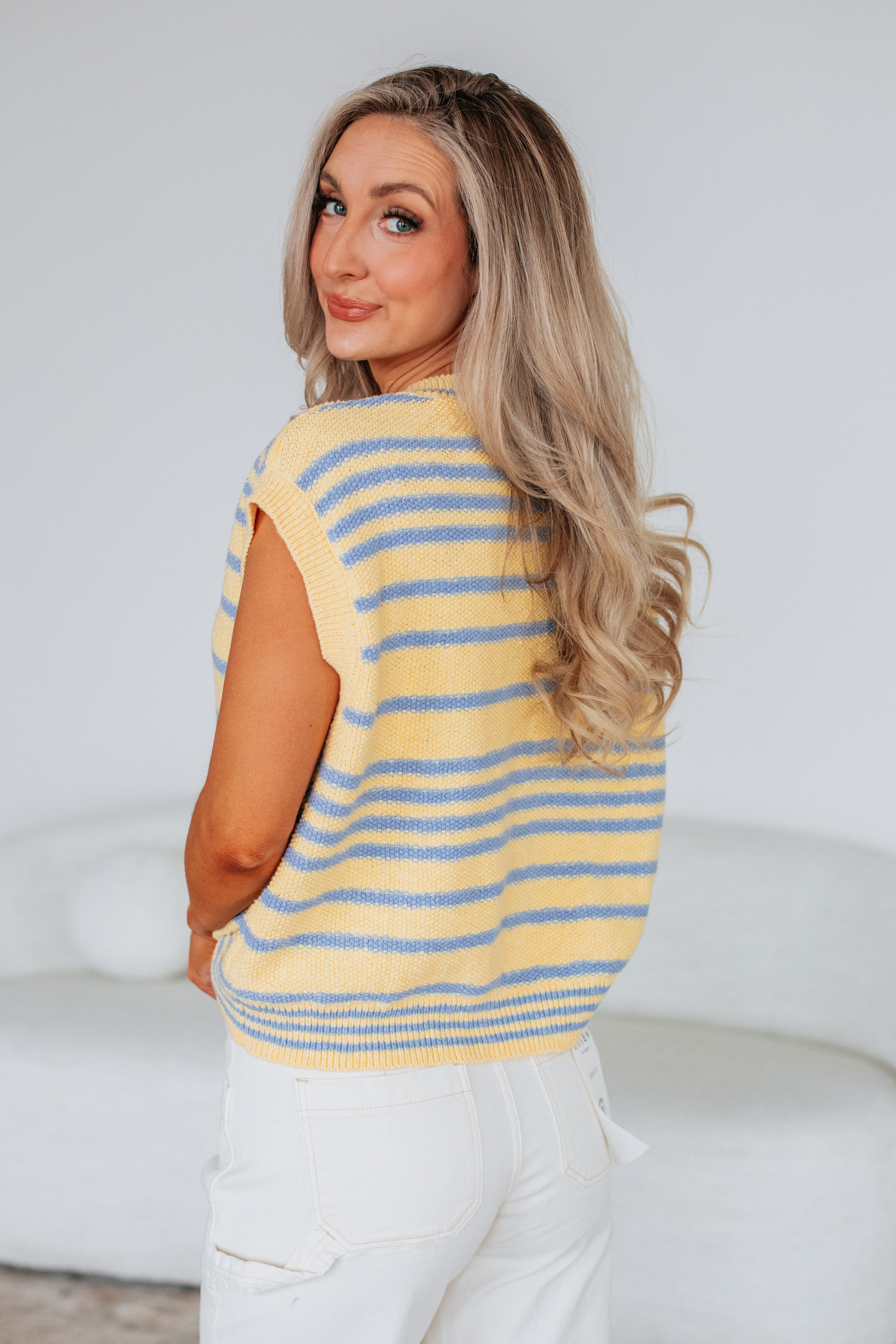 Charleston Sweater Top - Lemon Mix Color Women's Knit Pullover for Casual Wear & Fall Fashion