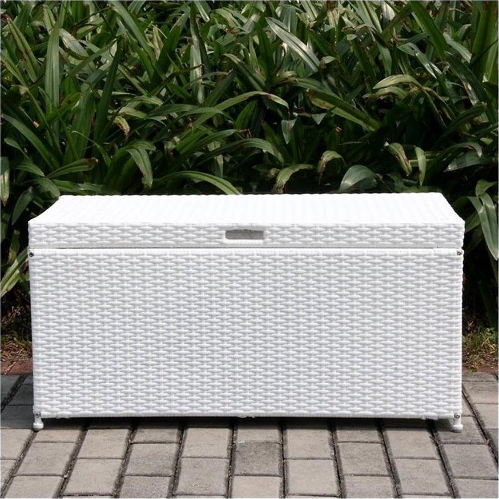 White BOWERY HILL Wicker Rattan Patio Storage Deck Box with Durable Steel Frame - Perfect for Outdoor Furniture Cushion & Garden Tool Organization
