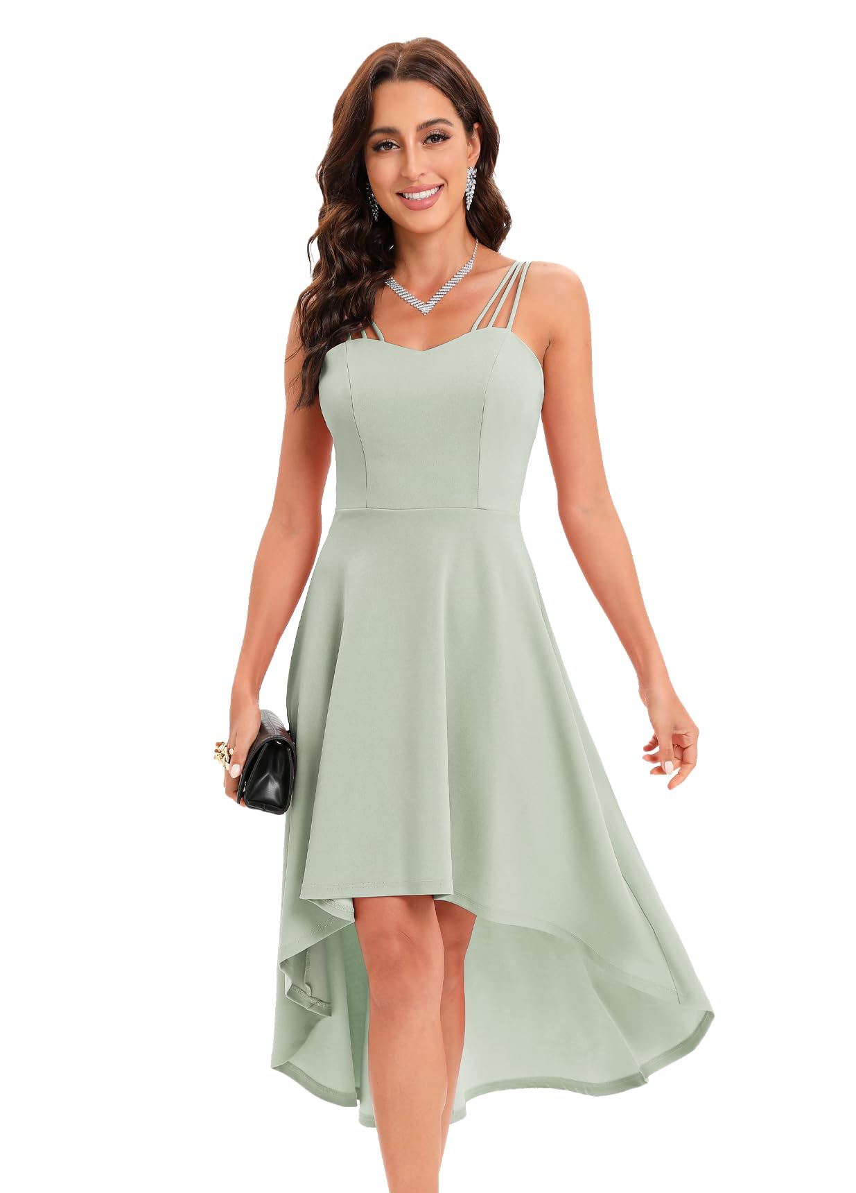 DRESSTELLS Women's Hi-Low Spaghetti Strap Summer Dress - Flowy Flare Cocktail & Wedding Guest Dress for Bridesmaids | Perfect for Beach Parties, Date Nights & Formal Events