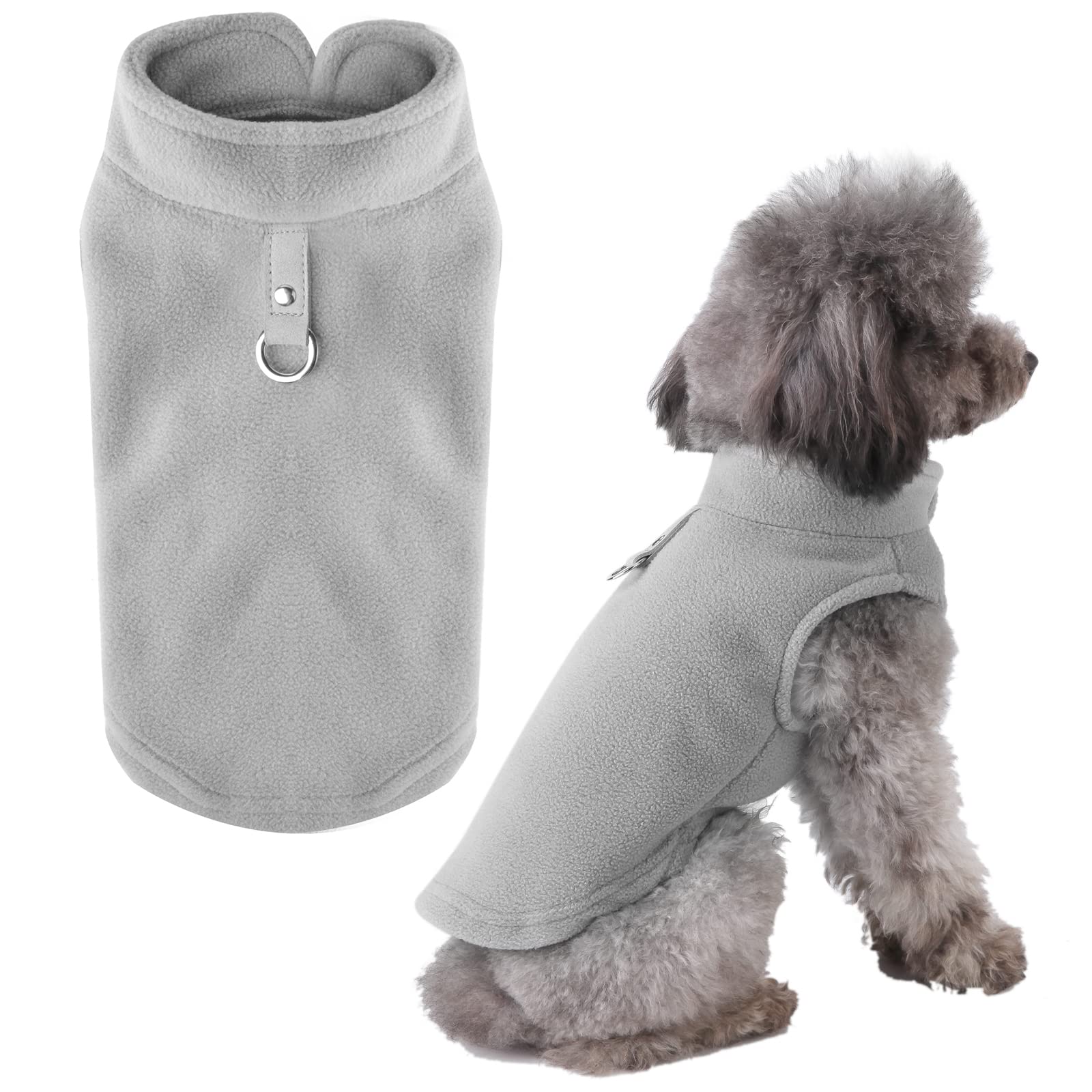 Soft Fleece Dog Sweater & Cat Vest with Leash O-Ring - Warm Winter Pet Pullover Coat for Small Dogs & Cats - Chihuahua & Shih Tzu Apparel - Grey - Perfect for Cold Weather Walks & Indoor Comfort