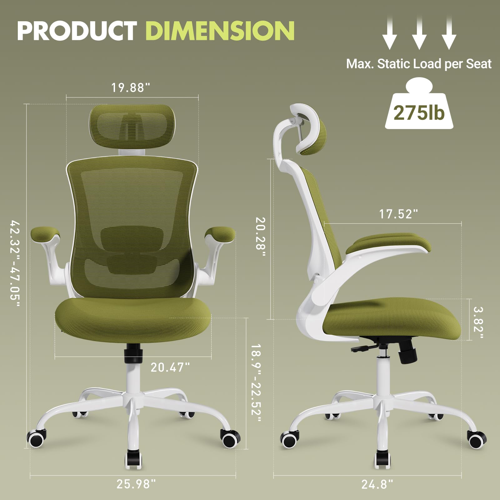 Ergonomic Office Chair with Adjustable Lumbar Support & Headrest - High Back Mesh Computer Desk Chair with Flip-Up Armrests - Breathable & Comfortable for Home Office, Gaming & Study - Green - Perfect for Long Work Hours & Remote Work