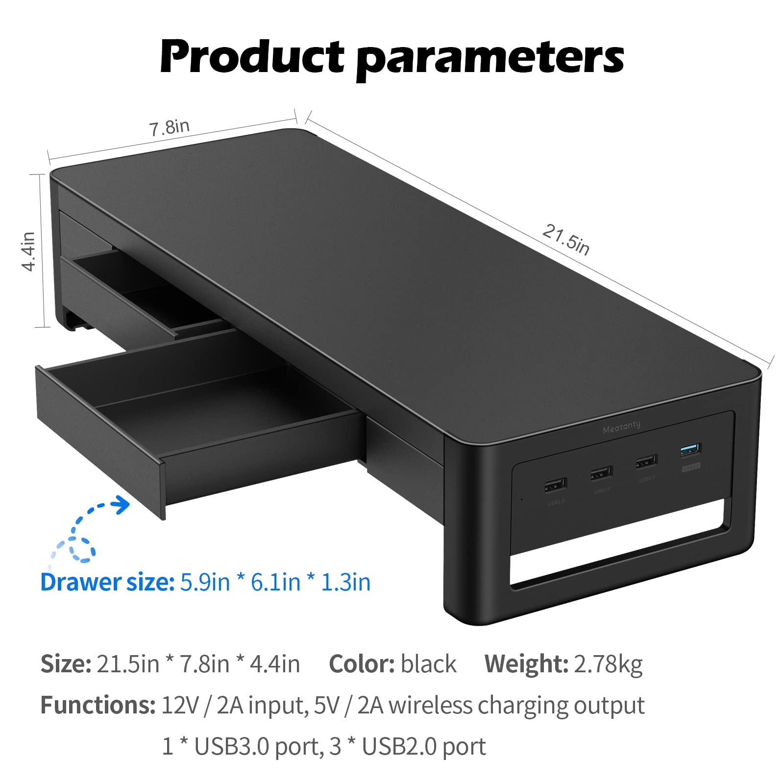 2-in-1 Metal Monitor Stand with Storage Drawers & 4 USB Hub - Adjustable Computer Riser for PC, Laptop, iMac - Perfect Desk Organizer for Home Office & Workspace