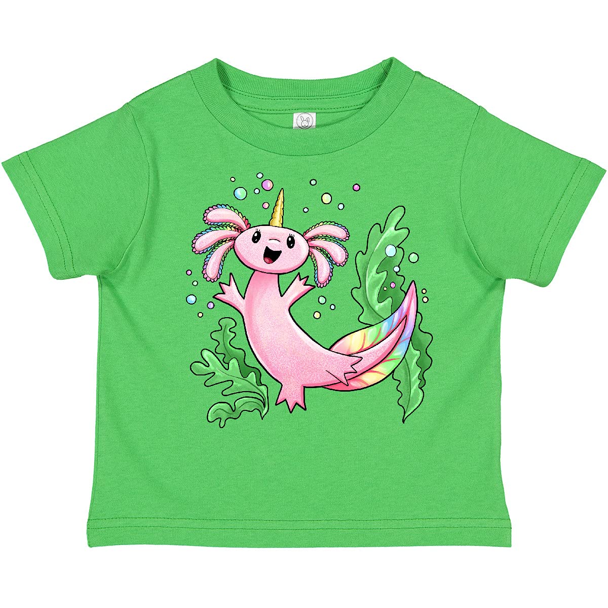Inktastic Axolotl Unicorn with Rainbow Tail & Bubbles Toddler T-Shirt - Cute Kids Graphic Tee for Playdates, Birthdays & Everyday Wear