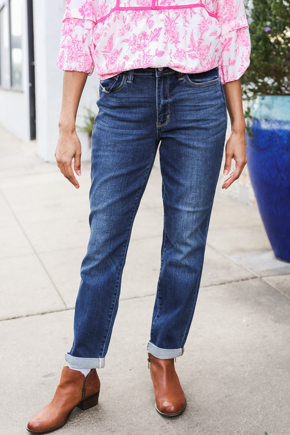 Judy Blue Mid Rise Cuffed Boyfriend Straight Leg Jeans for Women - Comfortable Stretch Denim Pants, Casual Everyday Wear, Perfect for Work & Weekend Outfits