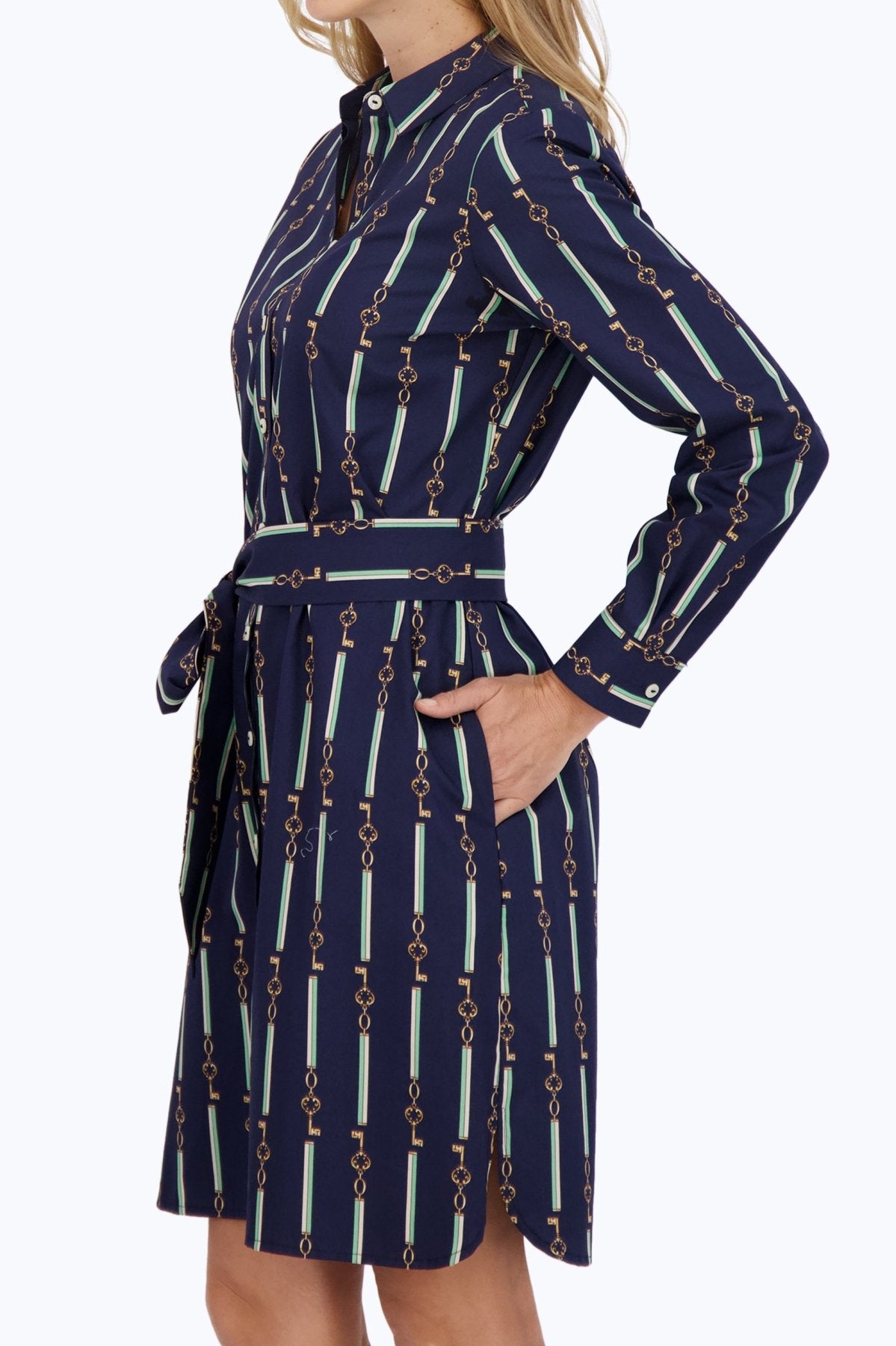 Rocca Women's Striped Long Sleeve Dress with Keychain Detail - Casual Office Wear & Party Outfit