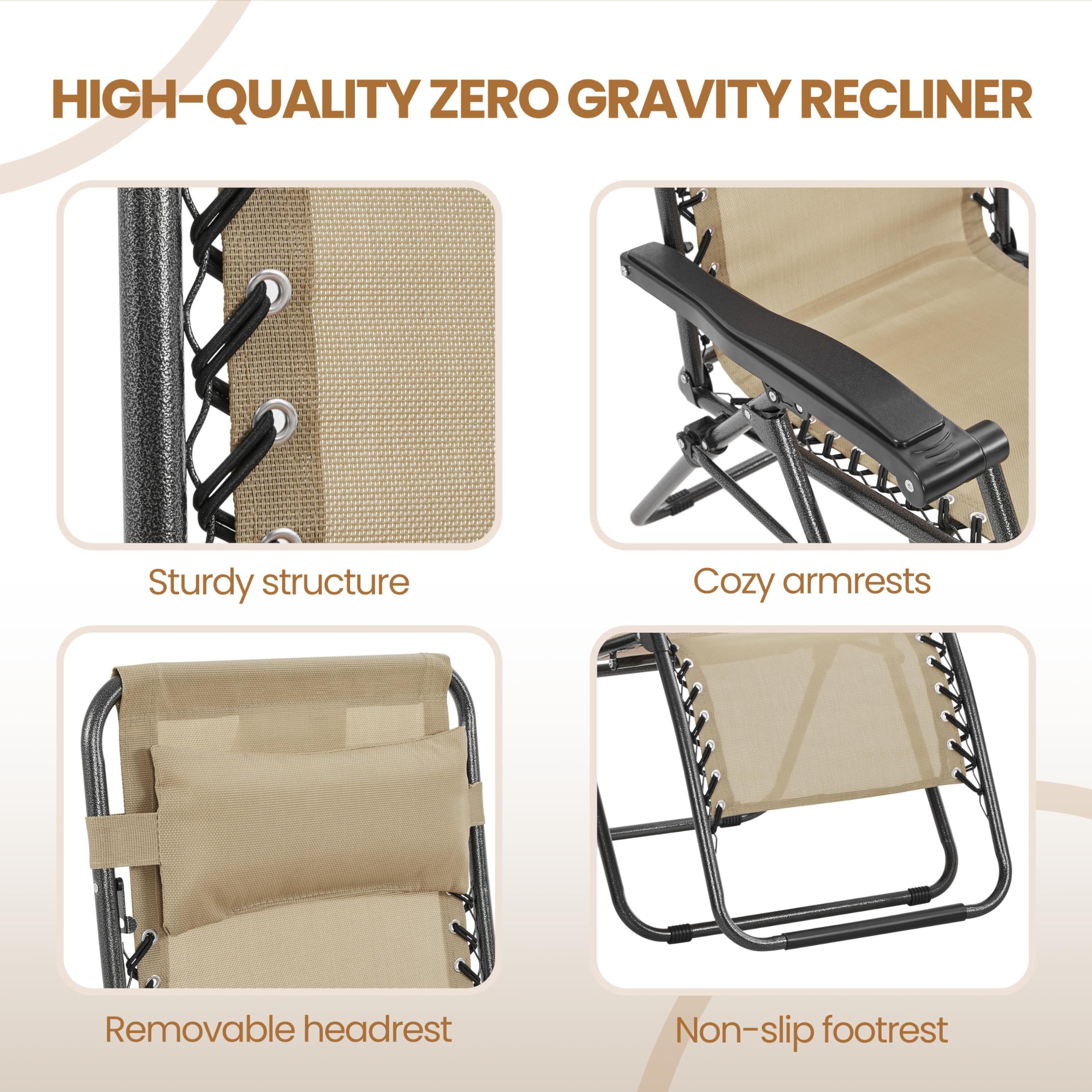 Yaheetech Zero Gravity Recliner Chairs Outdoor - Adjustable Folding Lounge Chairs with Pillows, Cup Holders & Carry Strap - Patio, Backyard, Beach, Poolside Relaxation - Beige Set of 2