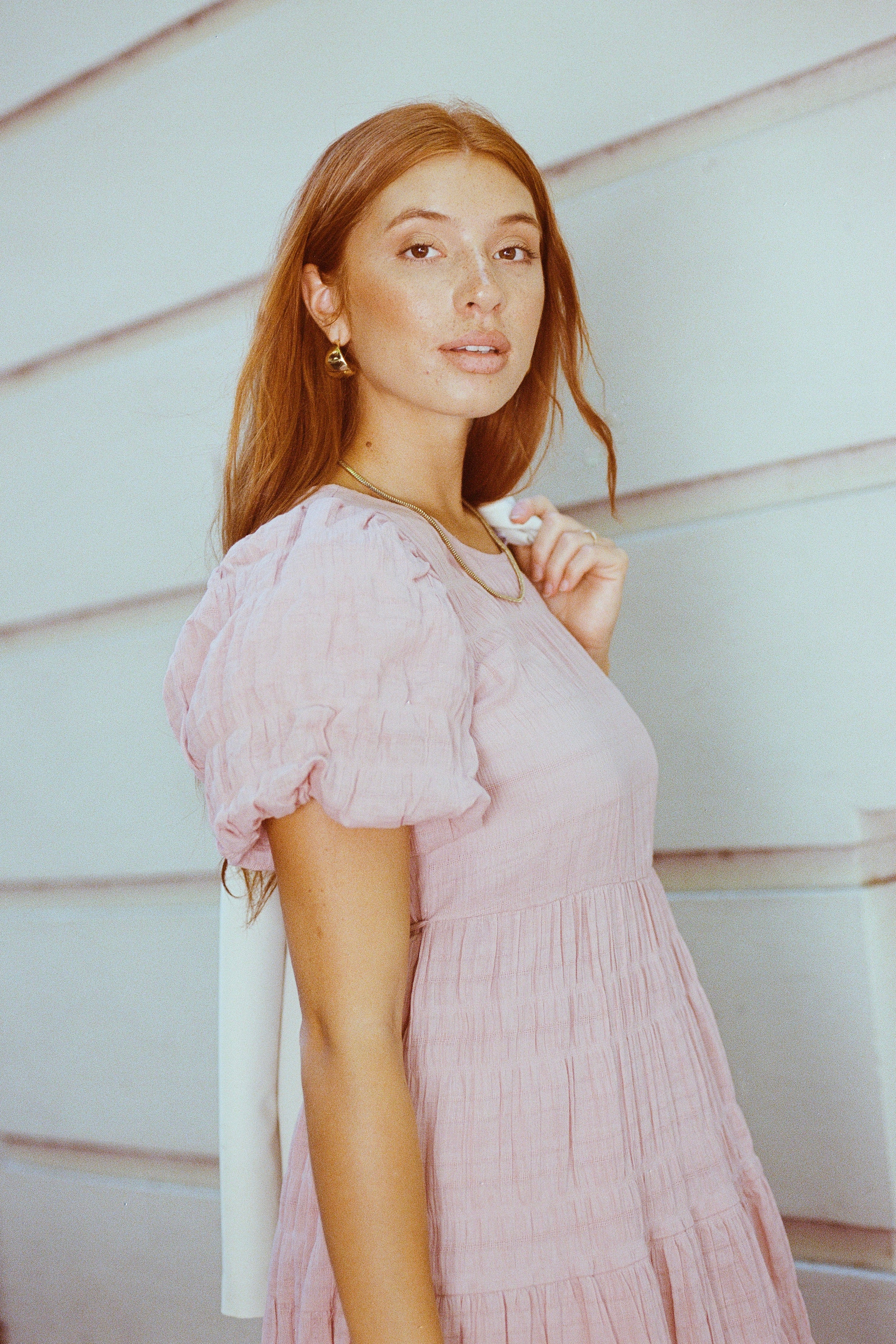 Elegant Blush Pink Shirred Cotton Bubble Sleeve Tiered Maxi Dress for Women - Perfect for Beach Vacations, Summer Weddings & Boho Chic Outfits