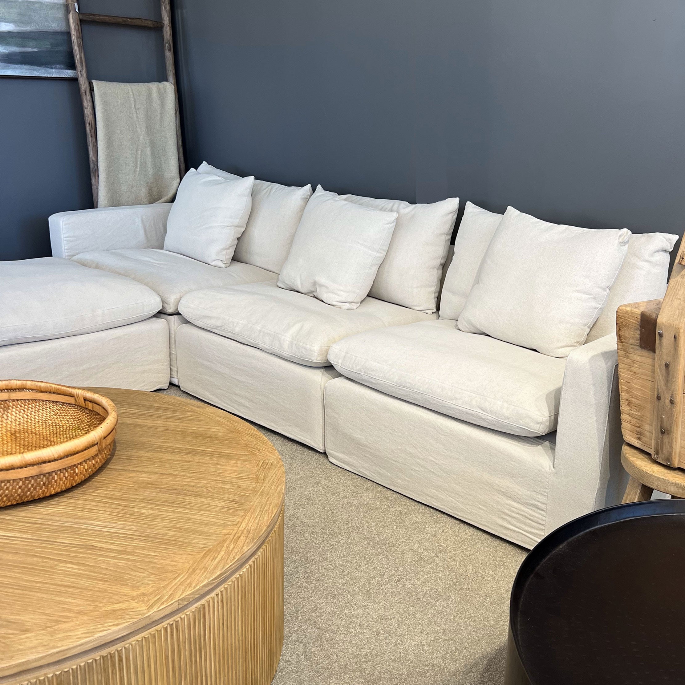 Bondi Modular Slipcover Sofa 3.5 Seater with Ottoman in Natural Fabric - Modern Living Room Furniture for Comfortable Lounging and Entertaining