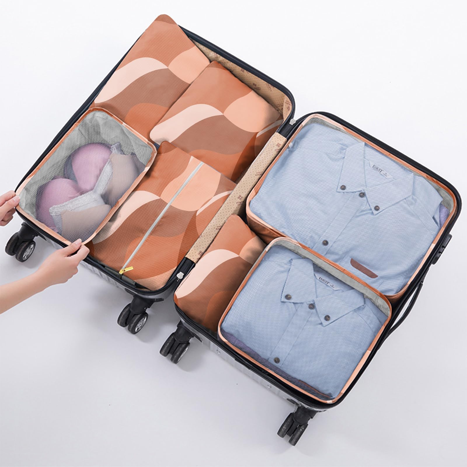 7-Piece Travel Packing Cubes Set - Luggage Organizers with Shoe Bag for Women | Aesthetic Wave & Leaf Design in Red/Brown | Perfect for Vacation, Business Trips & Weekend Getaways