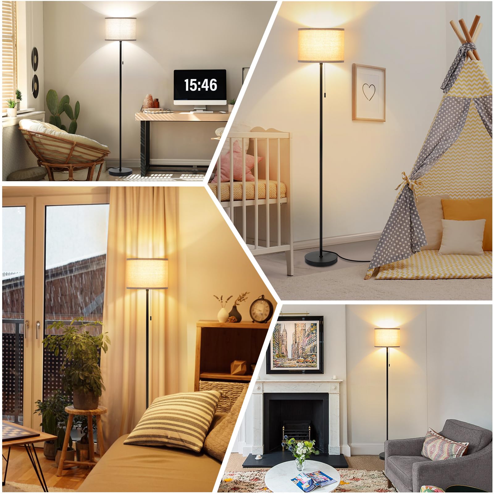 FOLKSMATE Modern LED Floor Lamp - Adjustable Standing Light for Living Room, Bedroom, Office & Reading | Black Pole Design (Bulb Not Included) | Perfect for Night Reading, Home Decor & Workspace Lighting