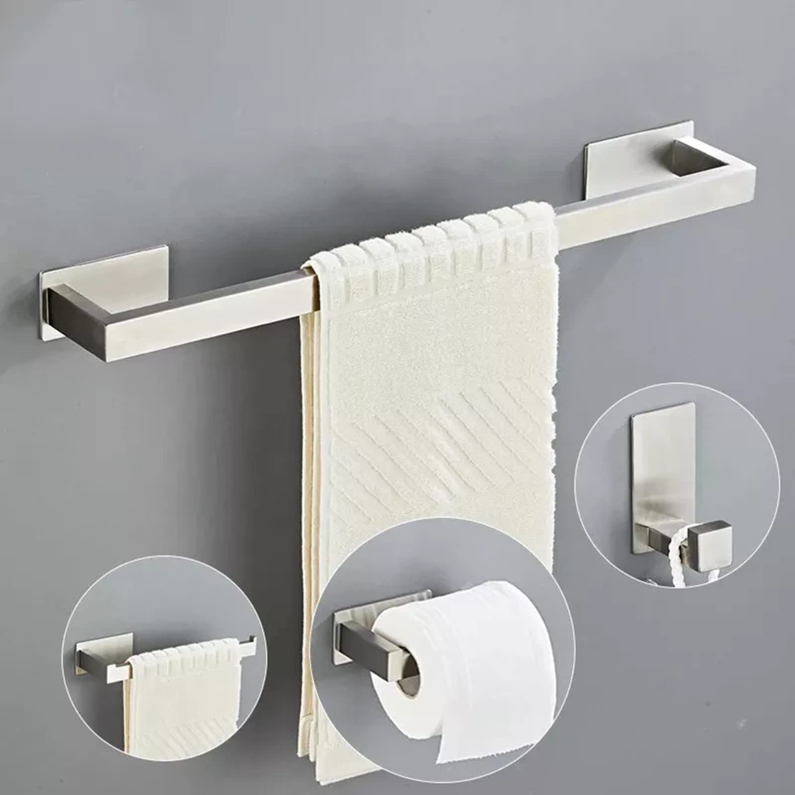 Stainless Steel Bathroom Hardware Set - Wall Mounted Robe Hook, Towel Bar, Toilet Paper Holder & Hand Towel Rack - 304 Brushed Nickel Bath Accessories (No Drilling Required) - Perfect for Modern Bathrooms, Guest Rooms & Spa-Style Decor