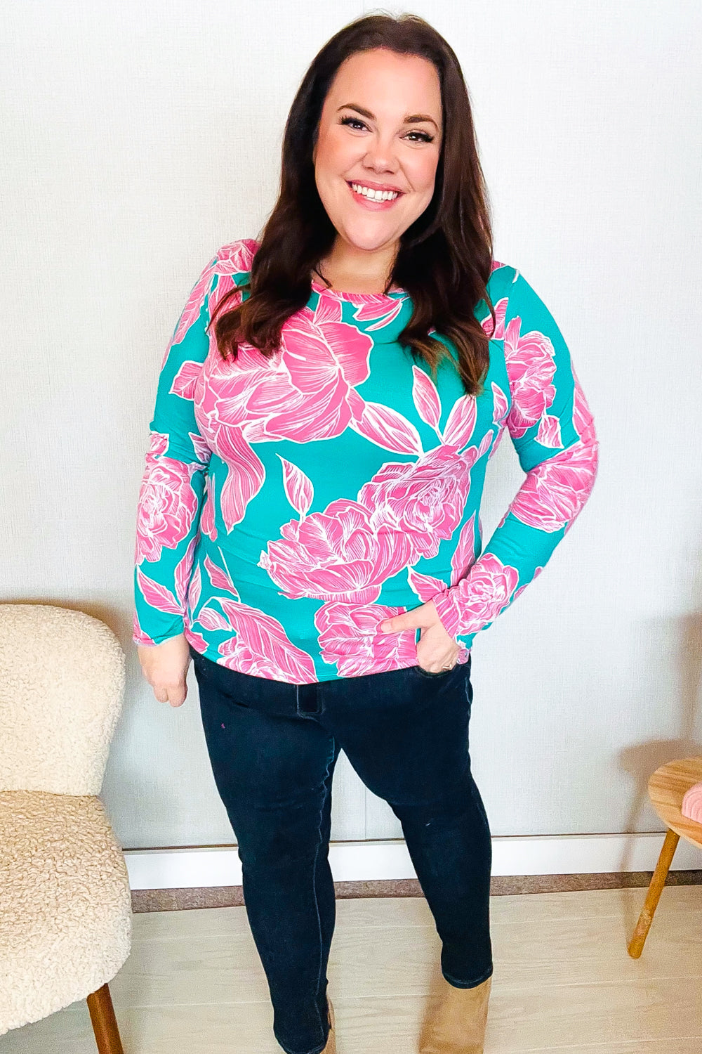 Find Love Aqua/Pink Fitted Floral Print Buttery Soft Knit Top | Women's Stretchy Comfortable Blouse for Casual Wear & Date Nights