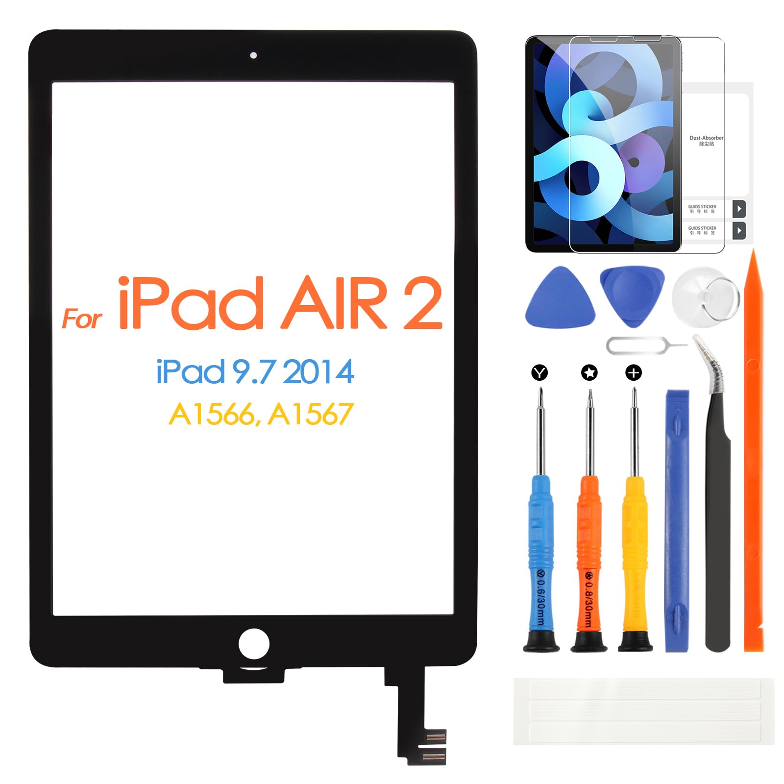 Original iPad Air 2 Touch Screen Replacement - Compatible with iPad Air 2 (2nd Gen) A1566/A1567 Models - 9.7 Inch Digitizer Glass with Repair Tools (No LCD/Home Button, Black) - Perfect for DIY Repairs & Screen Fixes at Home/Office
