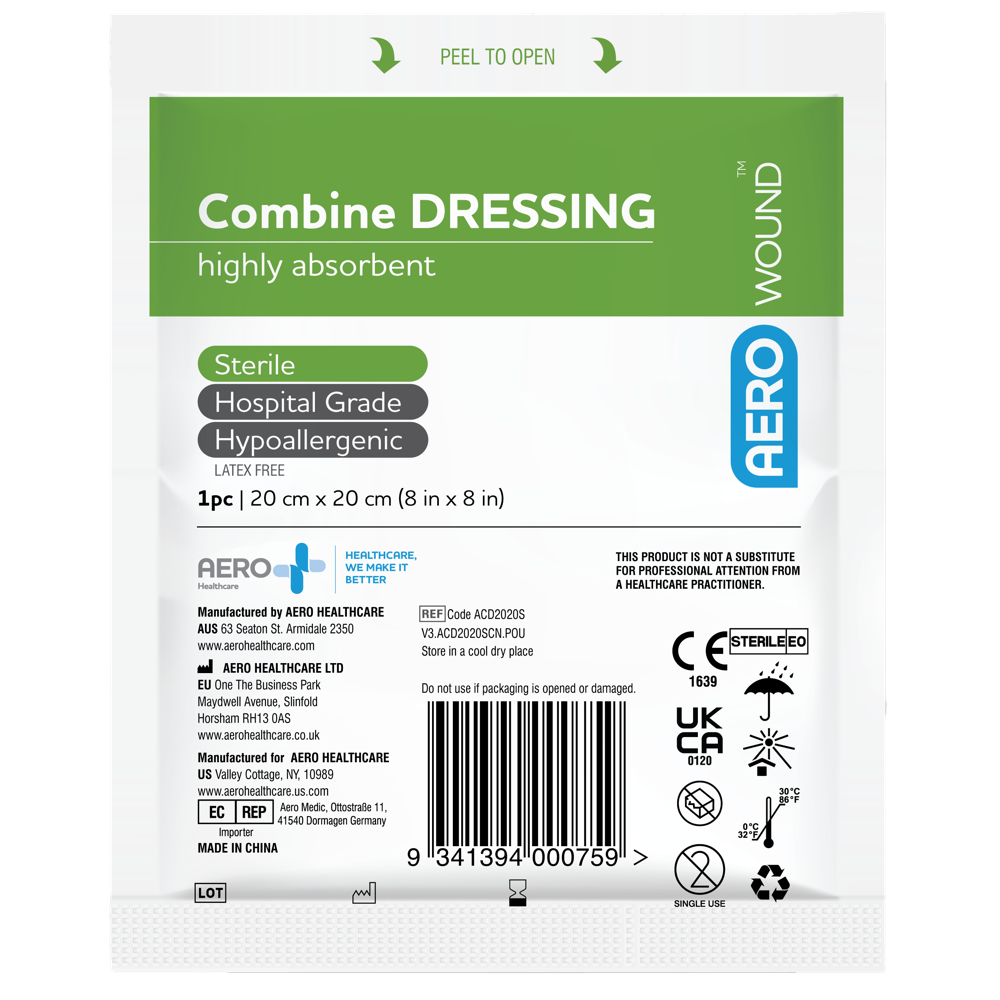 AEROWOUND Sterile Combine Dressing 20 x 20cm - Wound Care for First Aid, Burns & Post-Surgical Protection - Ideal for Home, Hospital & Emergency Kits