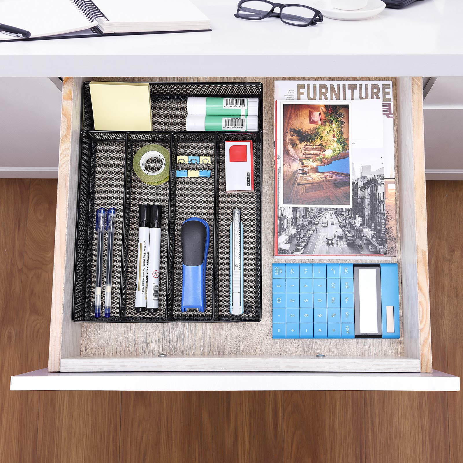5 Compartment Mesh Drawer Organizer Tray - Office Desk Storage for Art Supplies, Stationery, Makeup & Jewelry - Black (Perfect for Home, Office & Craft Room Organization)