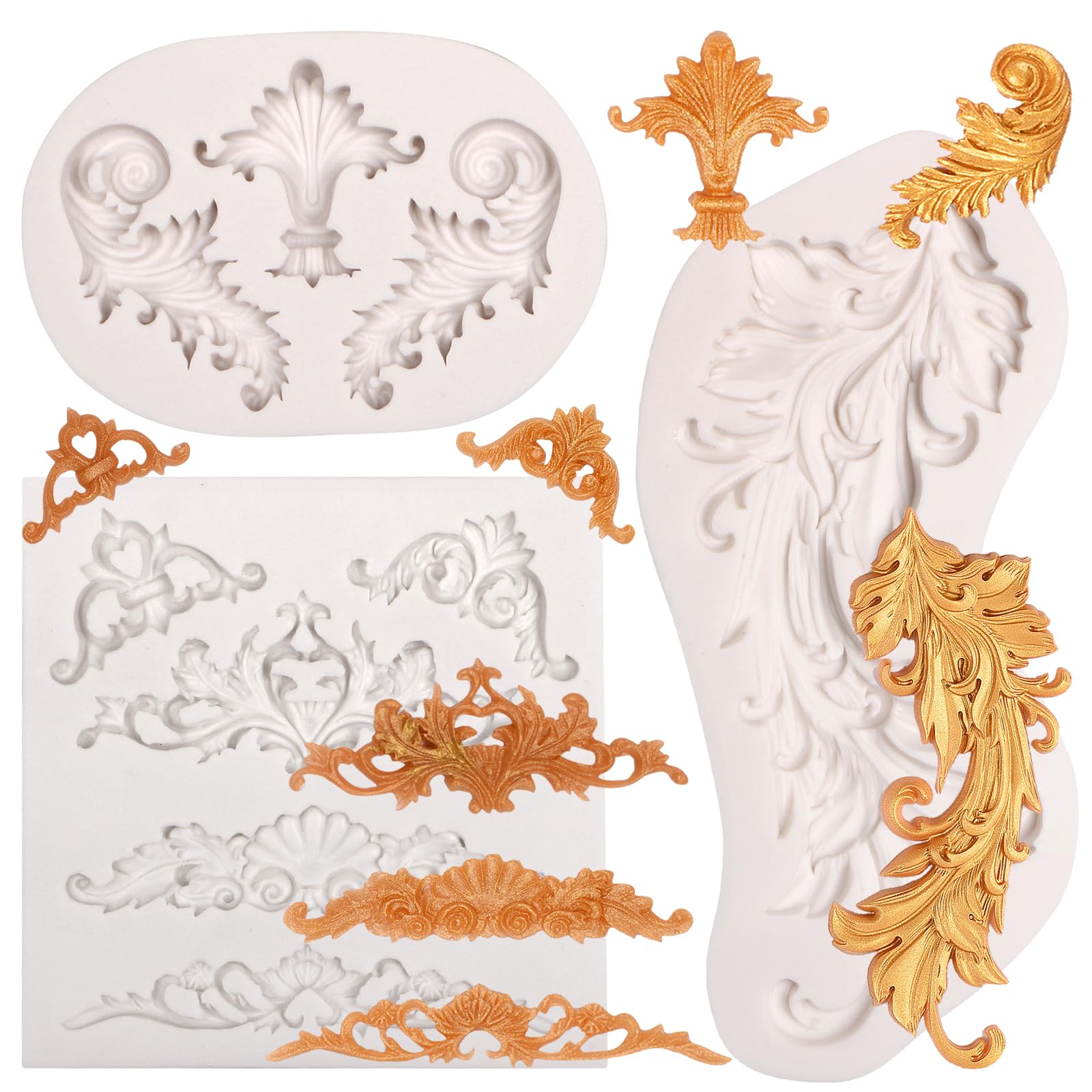Baroque Feather Silicone Molds for Cake Decorating - Relief Lace Corner Chocolate Molds, Filigree Cake Border Fondant Baking Tools for Cupcake Toppers, Candy & Resin Crafts - Perfect for Wedding Cakes, Birthday Desserts and DIY Baking Projects