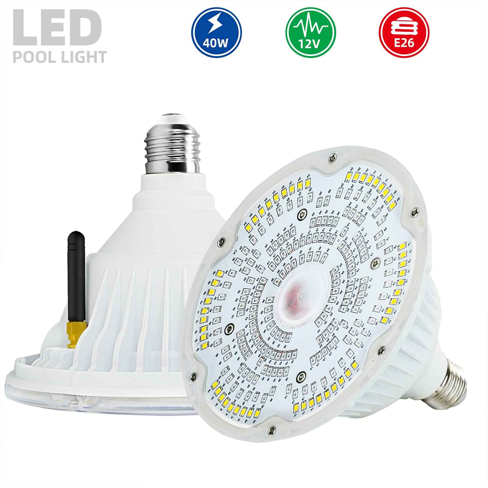 12V 40W RGB LED Color Changing Pool Light Bulb - E26 Base for Inground Swimming Pools, Remote Control Included, Compatible with Pentair & Hayward Fixtures | Perfect for Nighttime Pool Parties, Underwater Lighting, and Backyard Ambiance