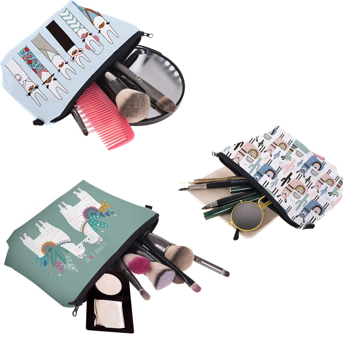 FITINI Llama Makeup Bag Set of 3 - Waterproof Travel Cosmetic Organizer for Women, Small Toiletry Pouch with Brush Storage | Perfect for Girls Purse, Gym, Vacation & Daily Use