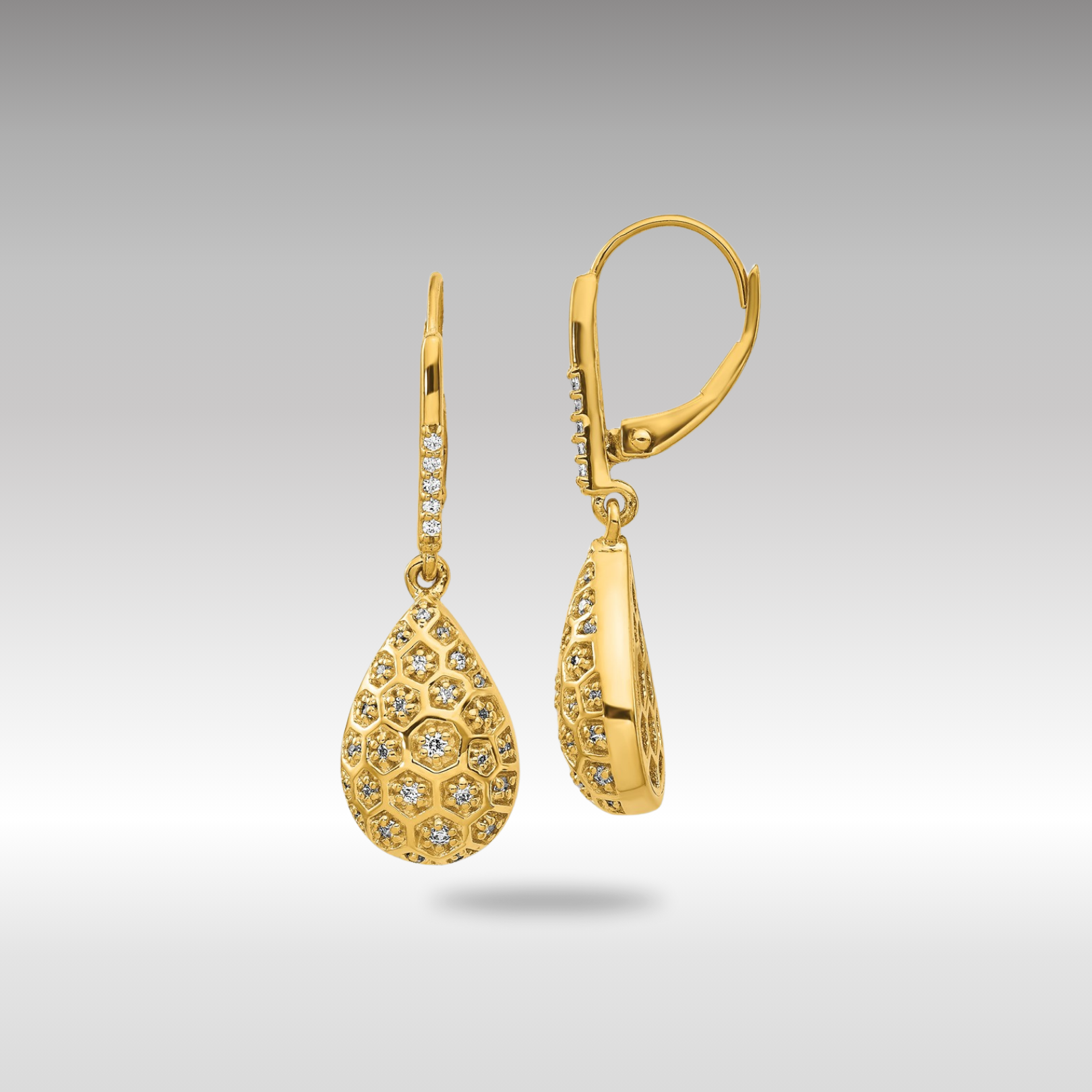 Gold Diamond Honeycomb Leverback Earrings EM3891 - Elegant Dangle Earrings for Women, Perfect for Weddings, Parties & Special Occasions