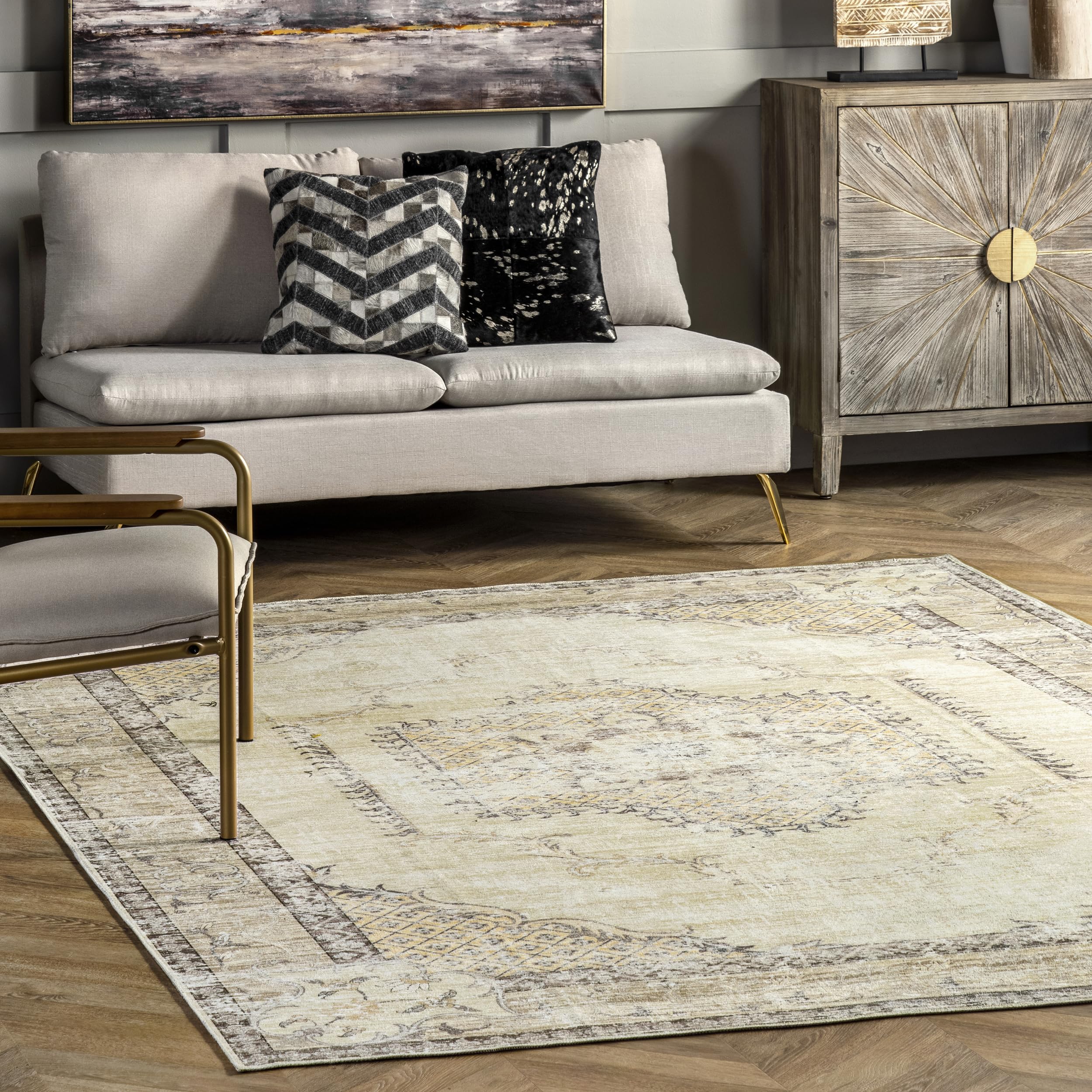 nuLOOM Glenda Machine Washable Faded Medallion Ultra Thin Area Rug 8x10 Light Grey - Perfect for Living Room, Bedroom & Dorm Decor