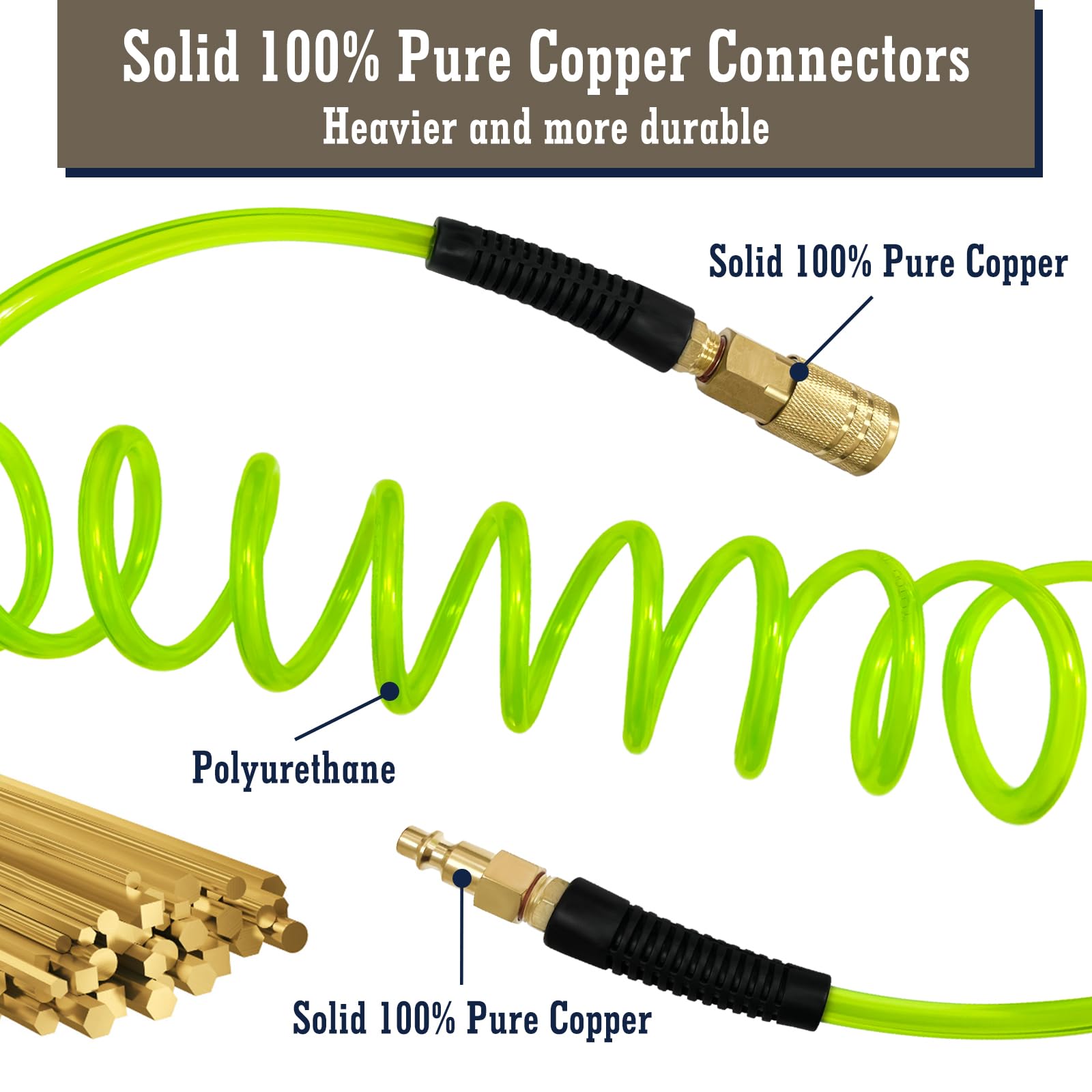 1/4 in x 10 ft Coiled PU Air Hose with Bend Restrictor - Heavy Duty Air Compressor Hose with 1/4