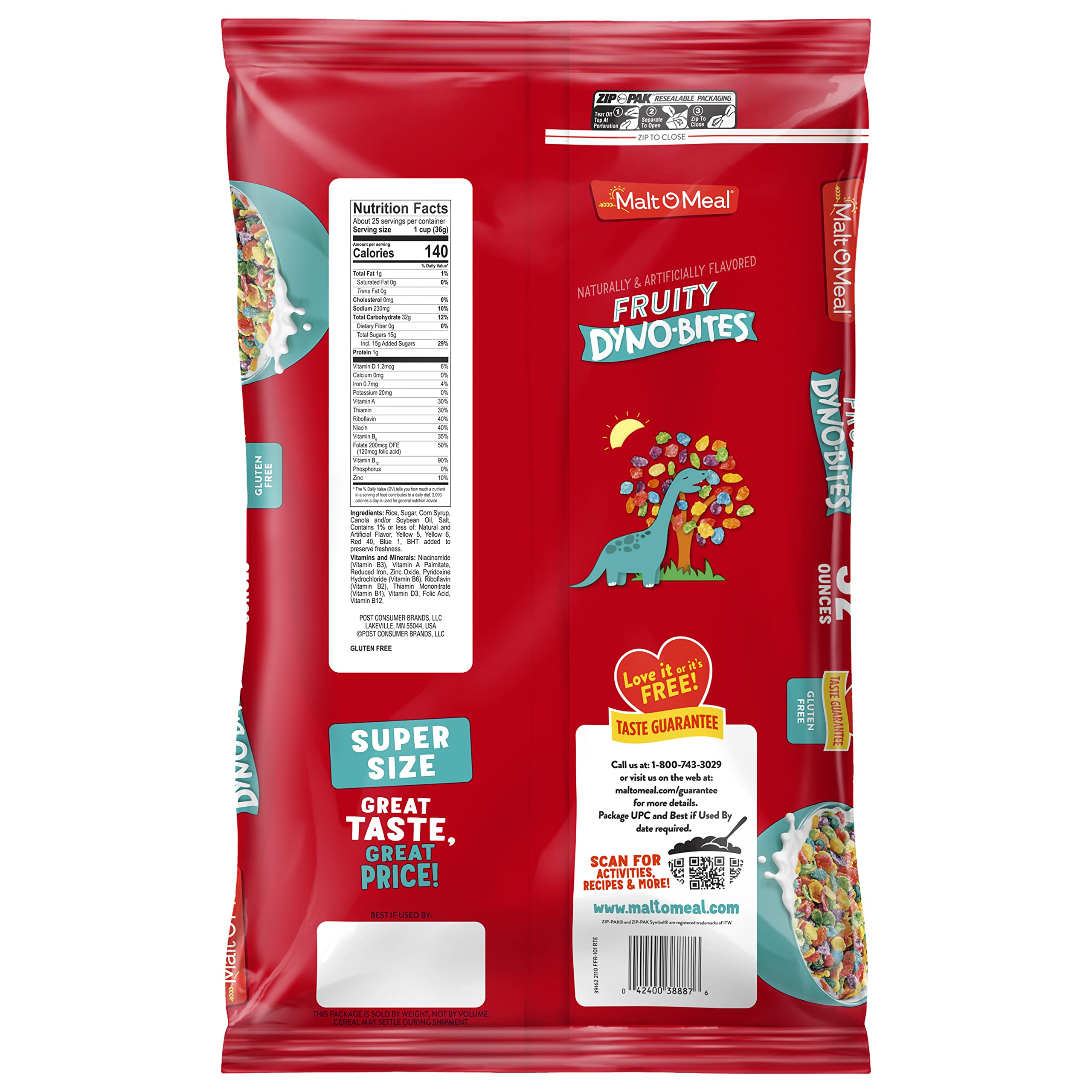 Fruity Dyno Bites Gluten-Free Breakfast Cereal | Malt-O-Meal Family Size 32oz Resealable Bag | Delicious Fruity Flavored Cereal for Kids & Adults | Perfect for School Lunches, Quick Breakfasts & Snacking