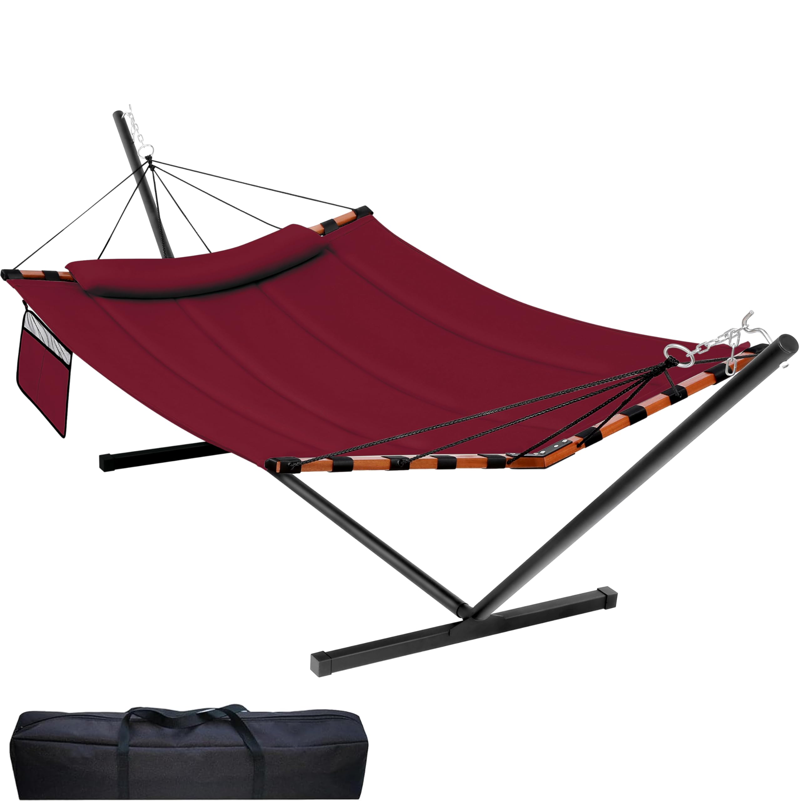Premium 12FT 2-Person Hammock with Stand - 55 x 79IN Outdoor Hammock 450LB Capacity - Hardwood Spreader Bar & Durable Nylon Rope - Perfect for Backyard, Patio, Garden, Beach & Camping - Red Relaxation Hammock for Outdoor Lounging & Vacation Getaways