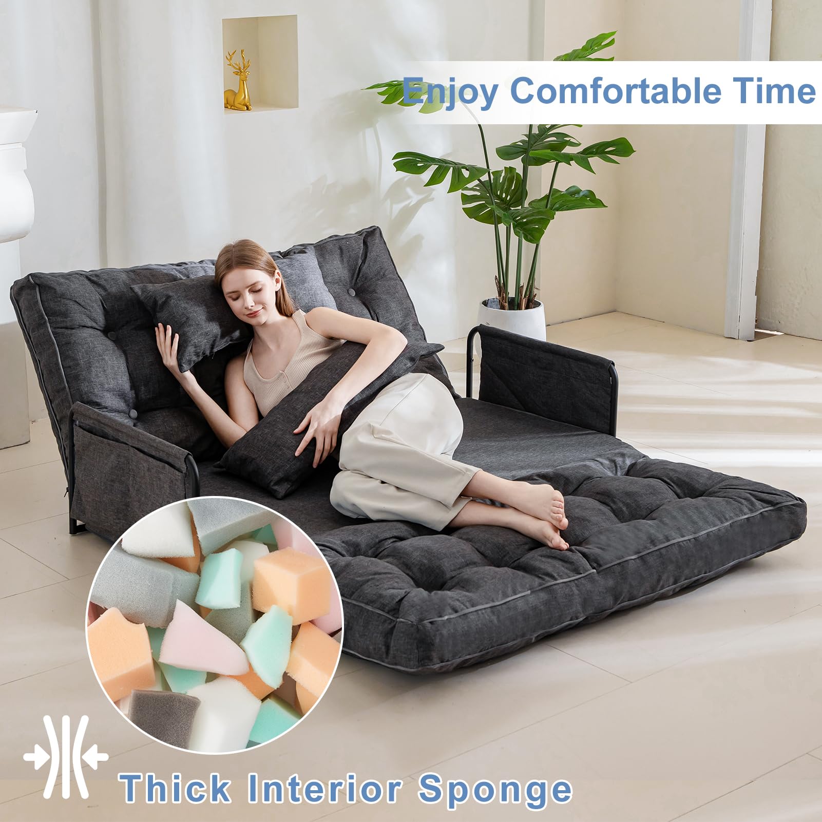 MAXYOYO Adjustable Floor Sofa Bed - Multi-Functional Folding Couch Bed with 2 Pillows, Grey - Perfect for Small Spaces, Guest Rooms & Living Room Lounging