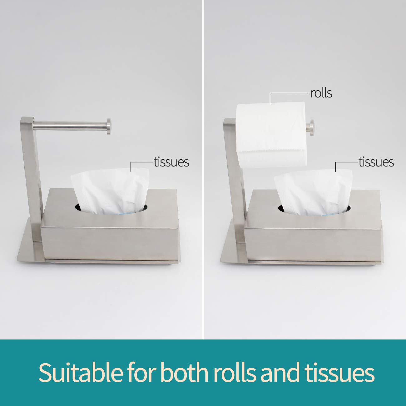 Stainless Steel Rectangular Tissue Box Cover with Toilet Paper Holder - Modern Brushed Finish Facial Tissue Dispenser for Bathroom, Vanity & Countertop | Perfect for Home, Office & Hotel Decor