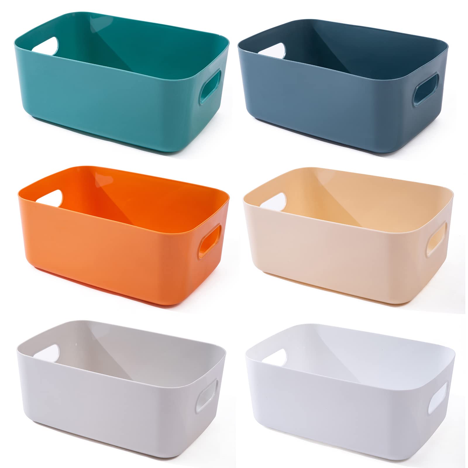 6-Piece Colorful Plastic Storage Baskets - Medium Size for Bathroom, Kitchen & Pantry Organization | Space-Saving Home Storage Solution for Shelves, Cabinets & Countertops
