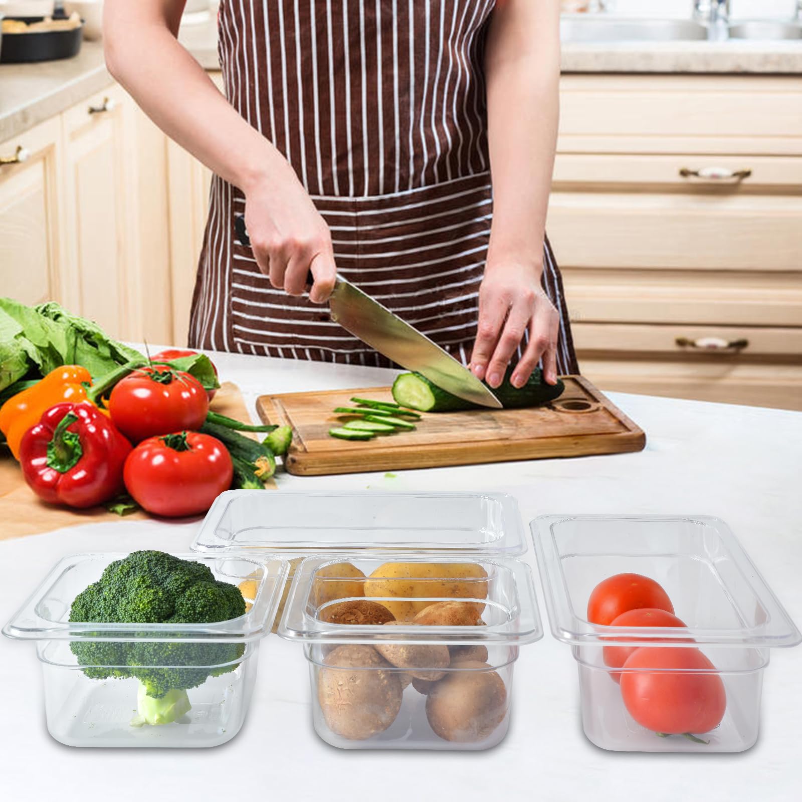 6 Pack 1/4 Size 4'' Deep Clear Food Storage Containers with Lids - Commercial Grade Acrylic Transparent Food Pans, Stackable Plastic Containers with Capacity Scale - Perfect for Restaurants, Catering, Buffets & Food Prep