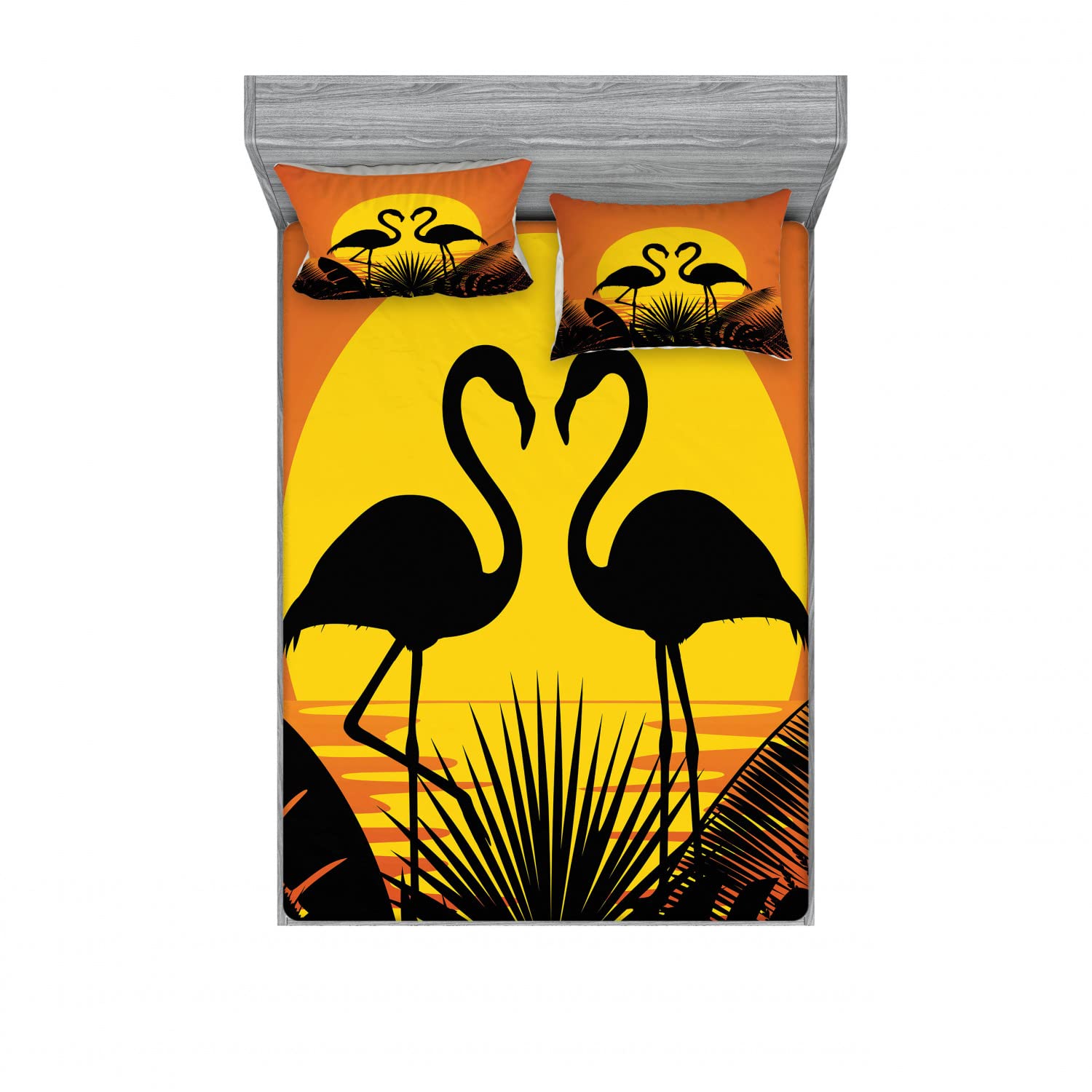 Ambesonne Tropical 2-Piece Fitted Sheet & 4-Piece Pillow Sham Set - Sunset Flamingo Leaves Pattern - Dark Orange Yellow Black - Queen Size Bedding Decor for Beach House, Guest Room & Tropical Themed Bedrooms