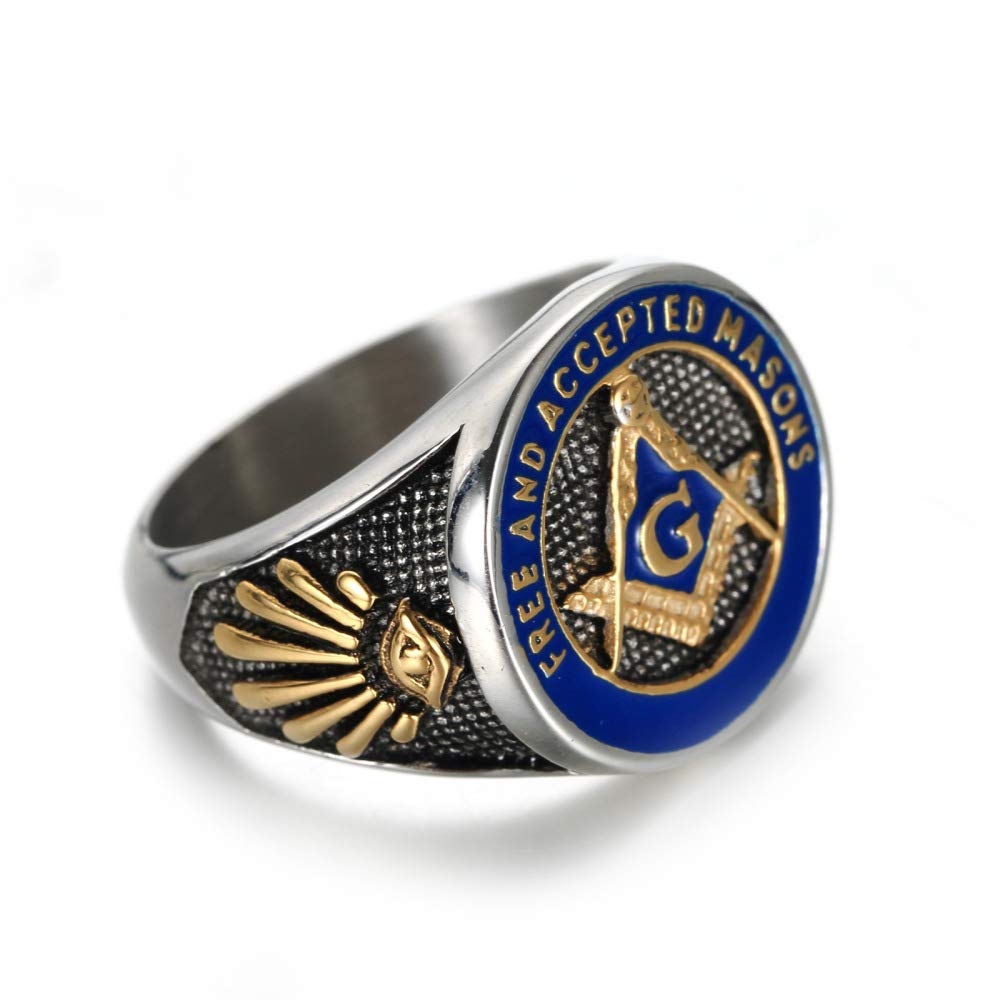 **Men's Masonic Ring - Stainless Steel Freemason Symbol Signet Ring in Silver, Gold & Blue - Free and Accepted Masons Jewelry for Gifts & Brotherhood Ceremonies**
