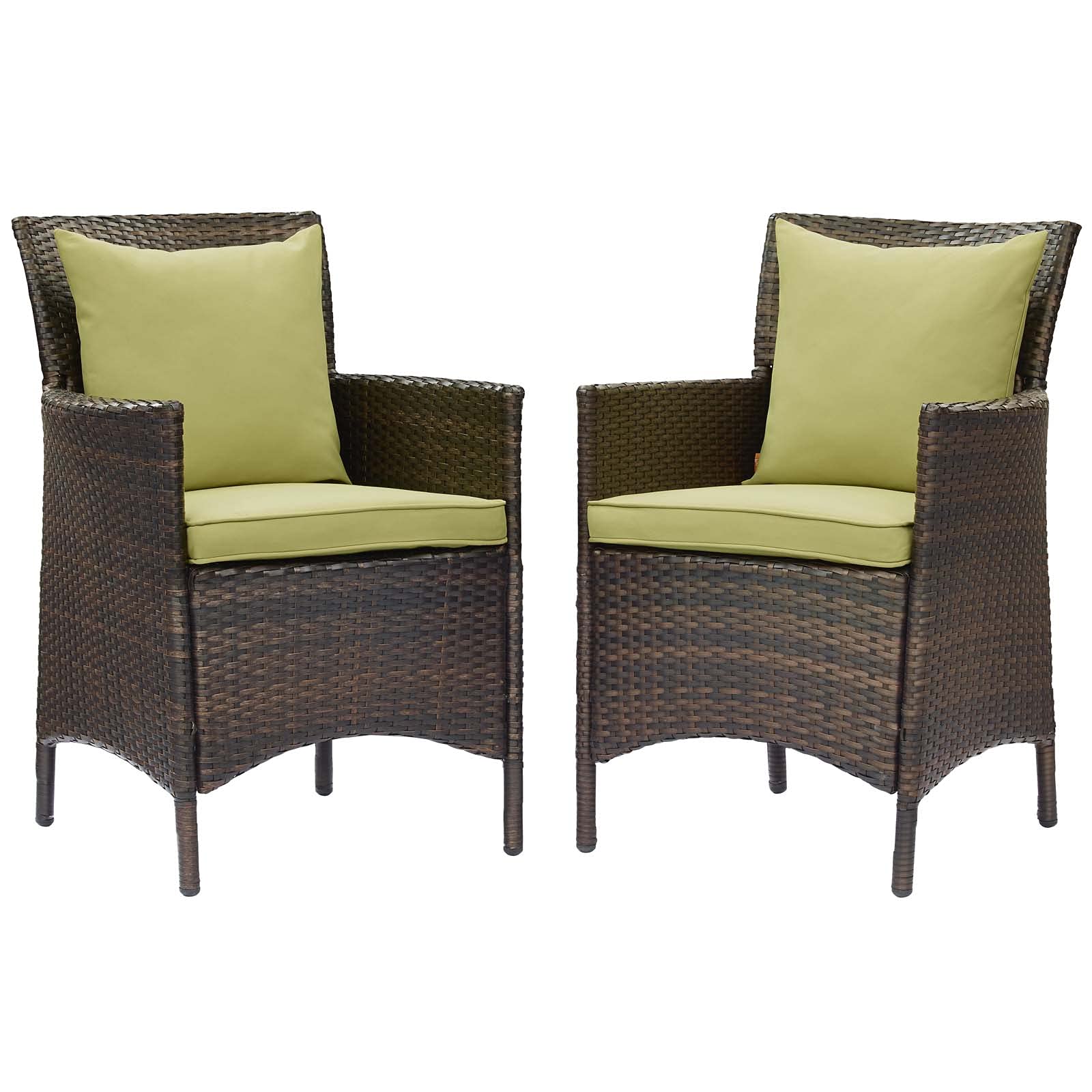 Modern Rattan Wicker Side Dining Chair Armchair Set of 2, Brown Green, Outdoor Patio, Cafe, Bistro, Garden, Poolside, Terrace