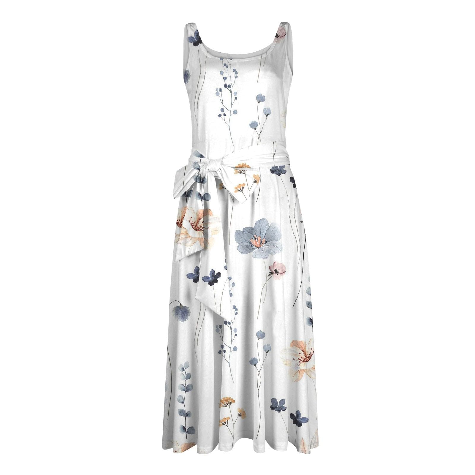 2024 Women's Summer Dresses - Floral Print Casual Sleeveless Waist Tie Long Dress with Pockets | Perfect for Beach Vacation, Outdoor Parties & Date Nights