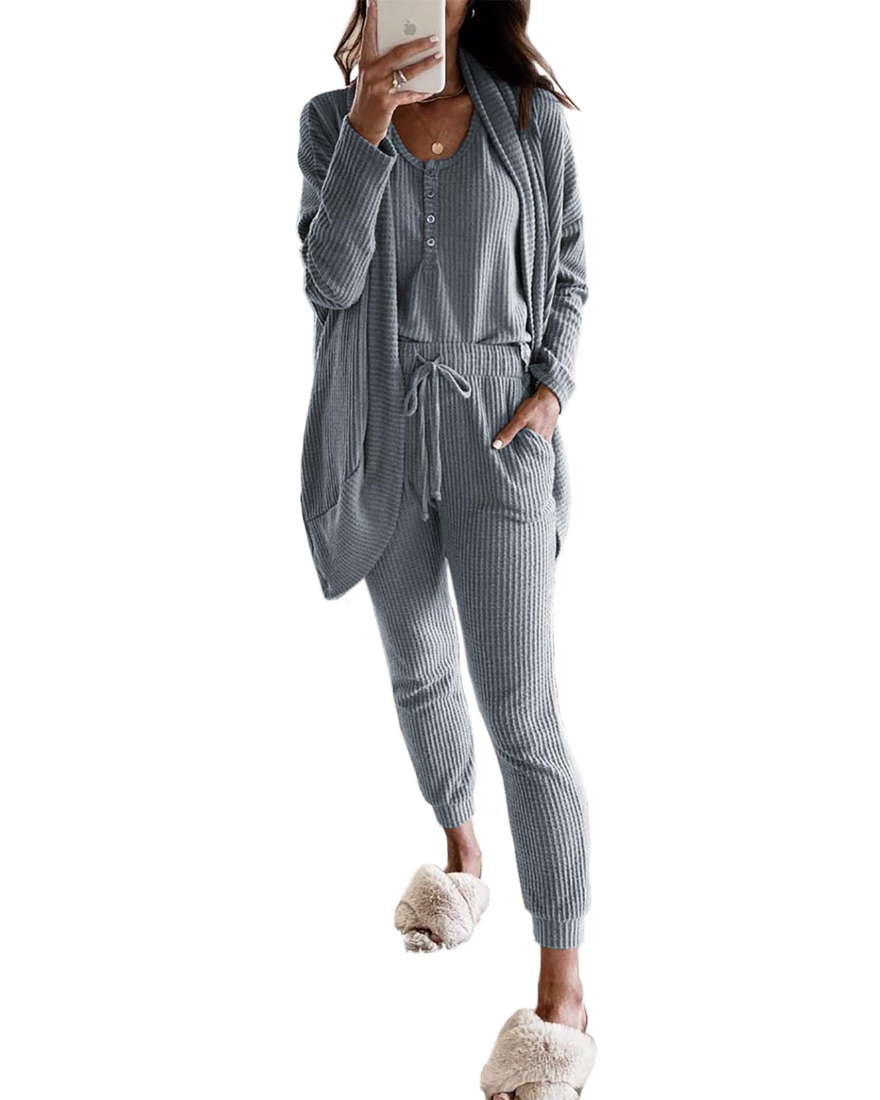 Women's 3-Piece Lounge Pajama Set - Soft Waffle Knit Cami Tank Top, Pants & Robe | Cozy Loungewear for Sleep, Relaxation & Home Comfort